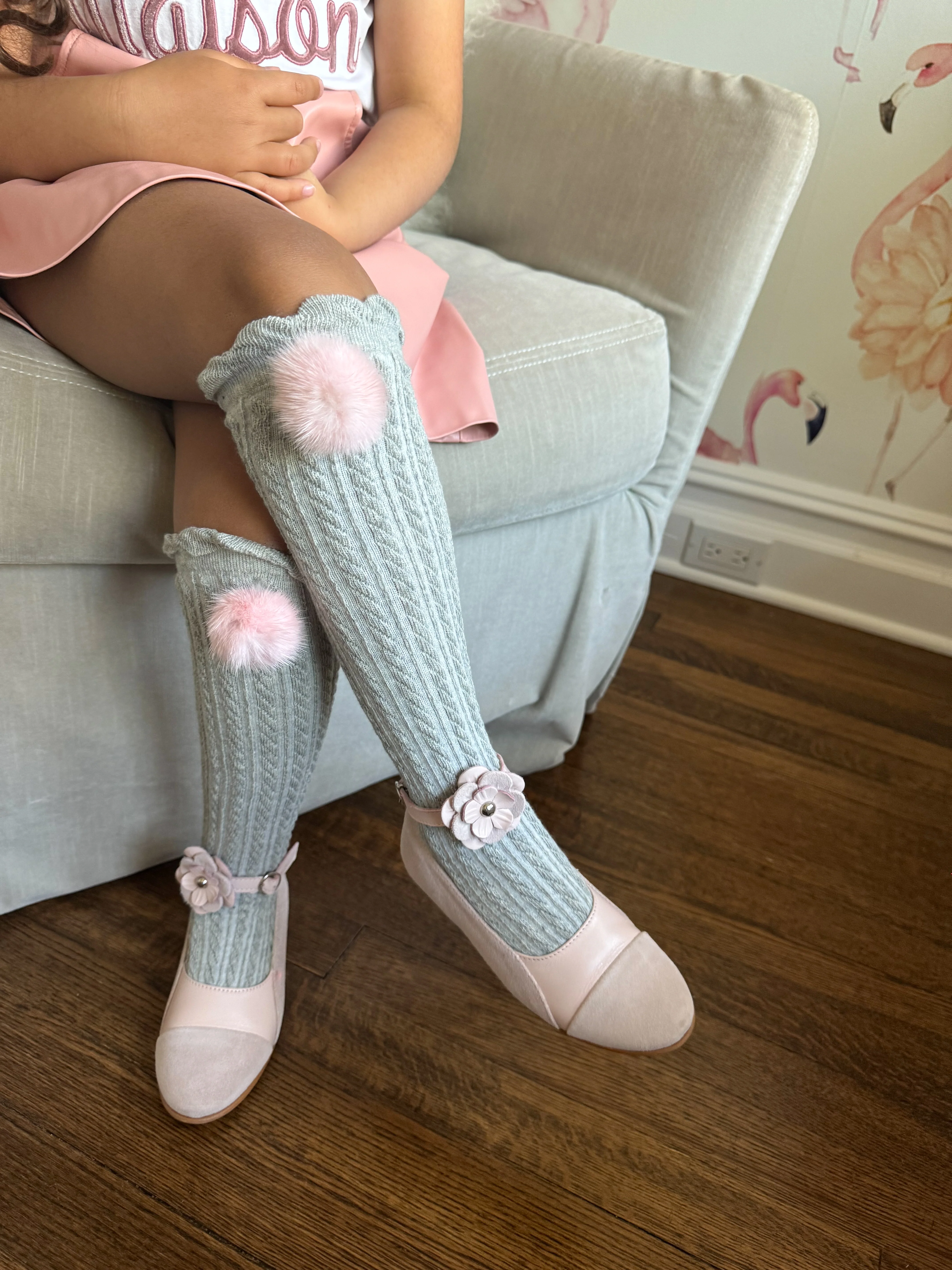 Grey Knee High Socks with Poms - Image 4