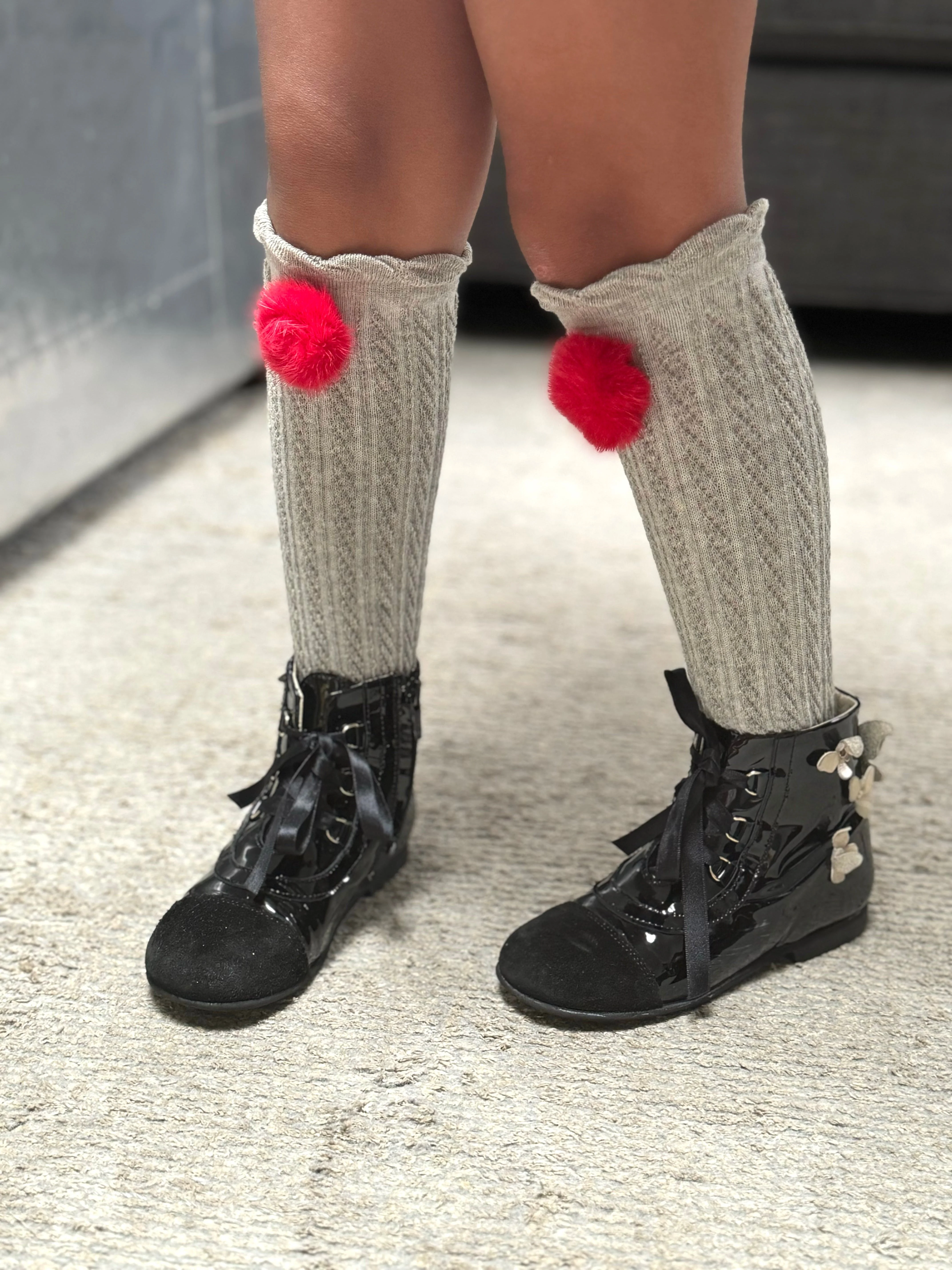 Grey Knee High Socks with Poms - Image 5