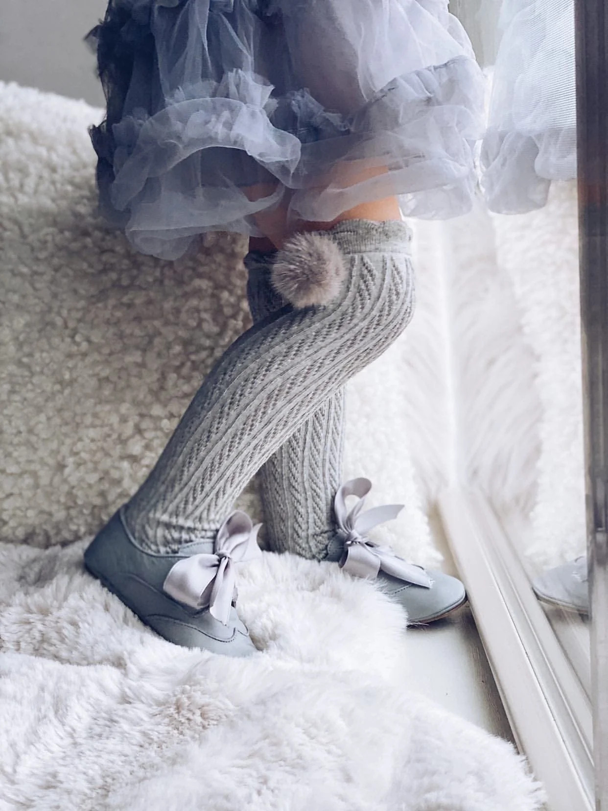 Grey Knee High Socks with Poms - Image 6