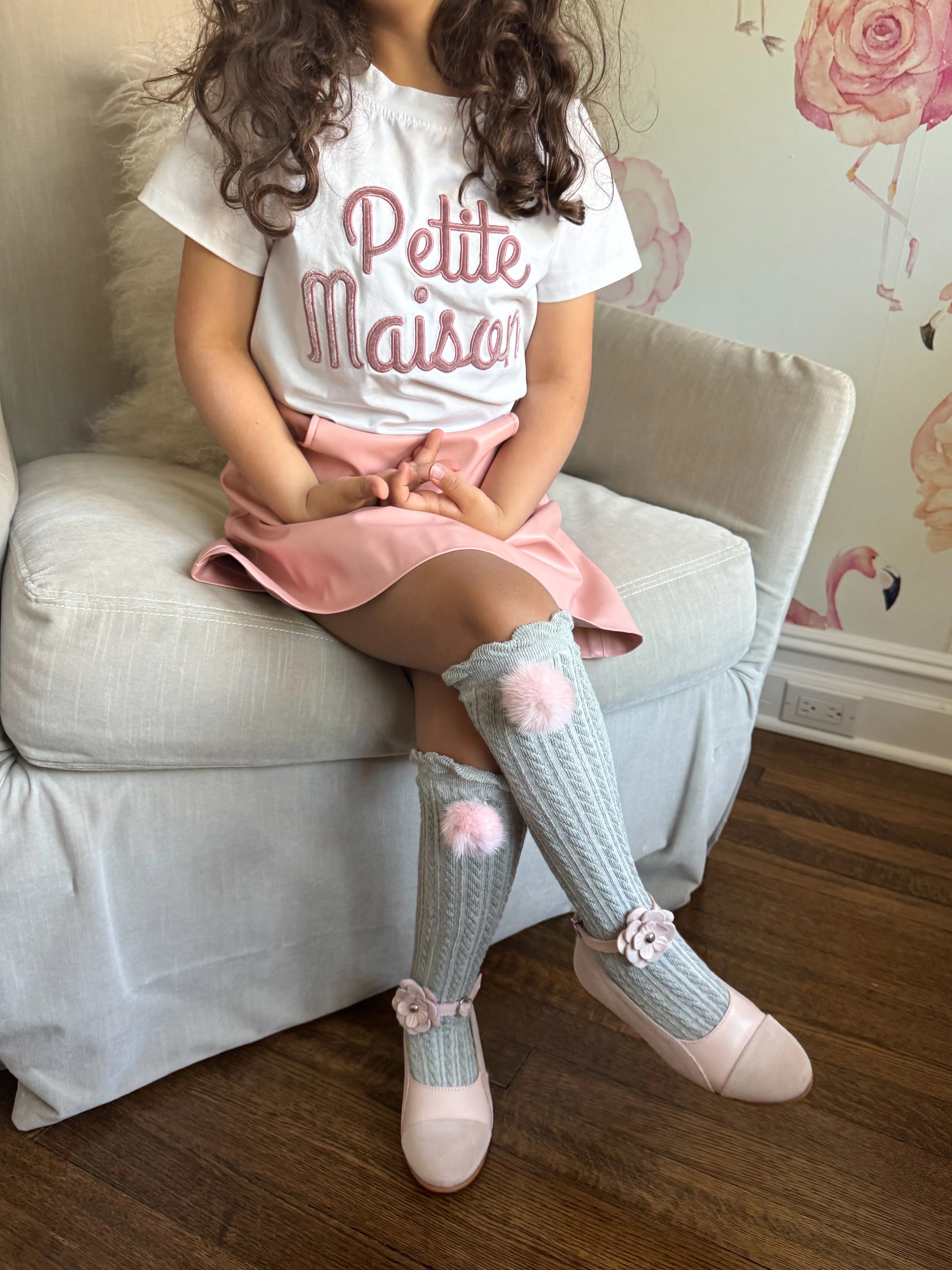 Grey Knee High Socks with Poms - Image 7