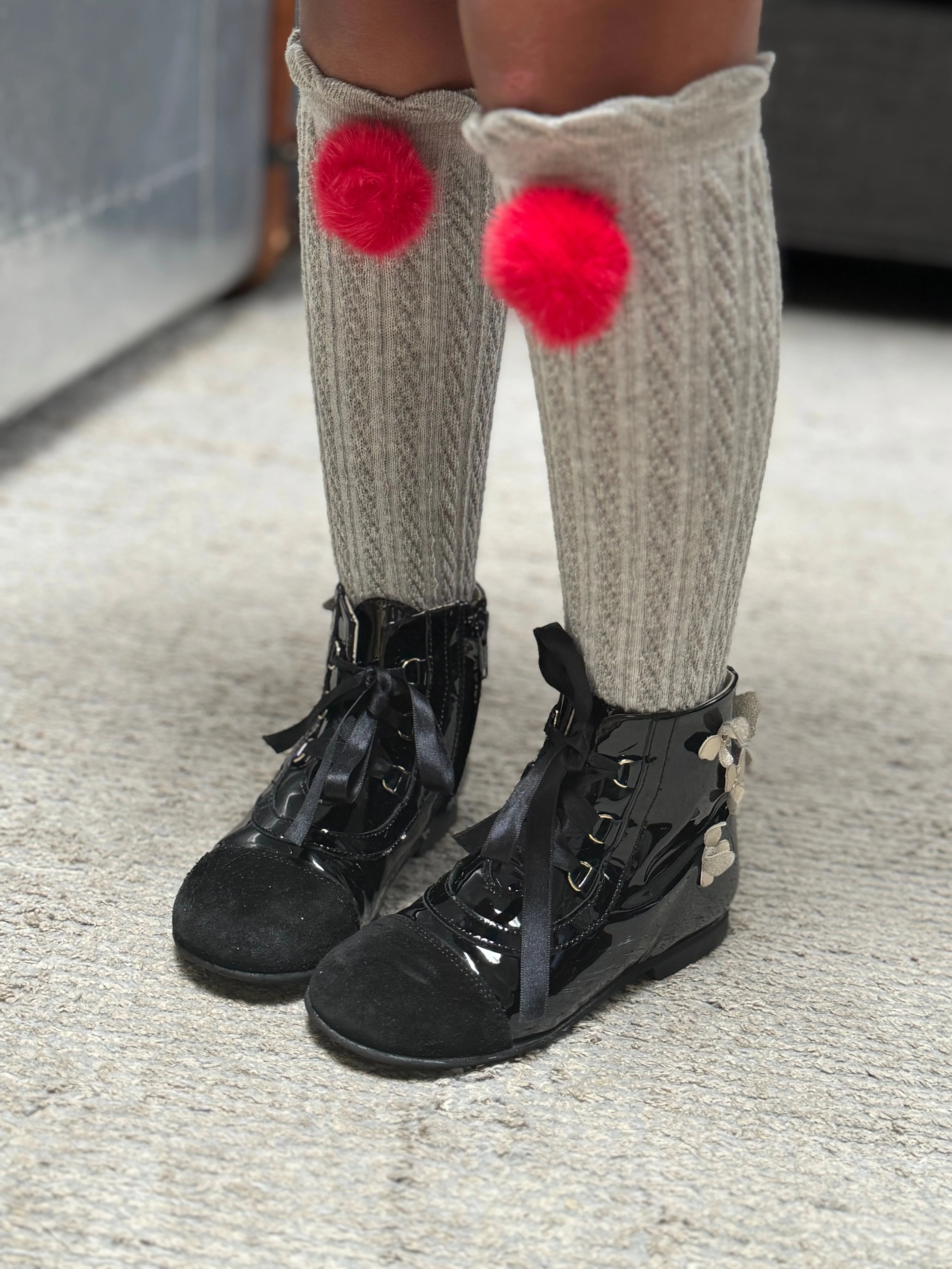 Grey Knee High Socks with Poms - Image 8