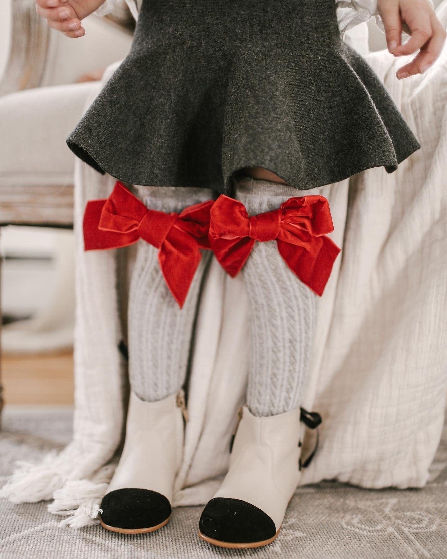 Grey Knee High Socks with Velvet Bows - Image 12