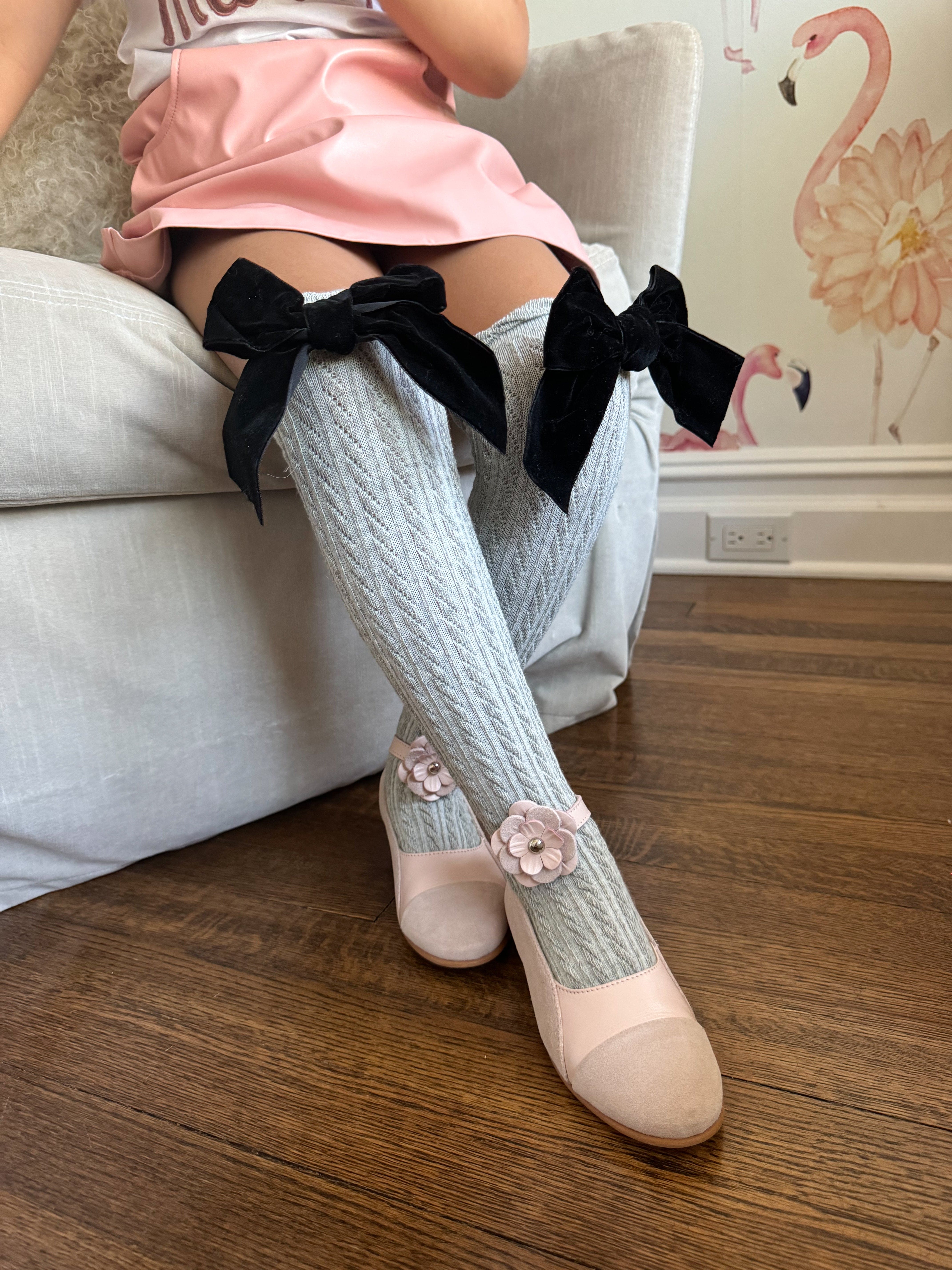 Grey Knee High Socks with Velvet Bows - Image 14