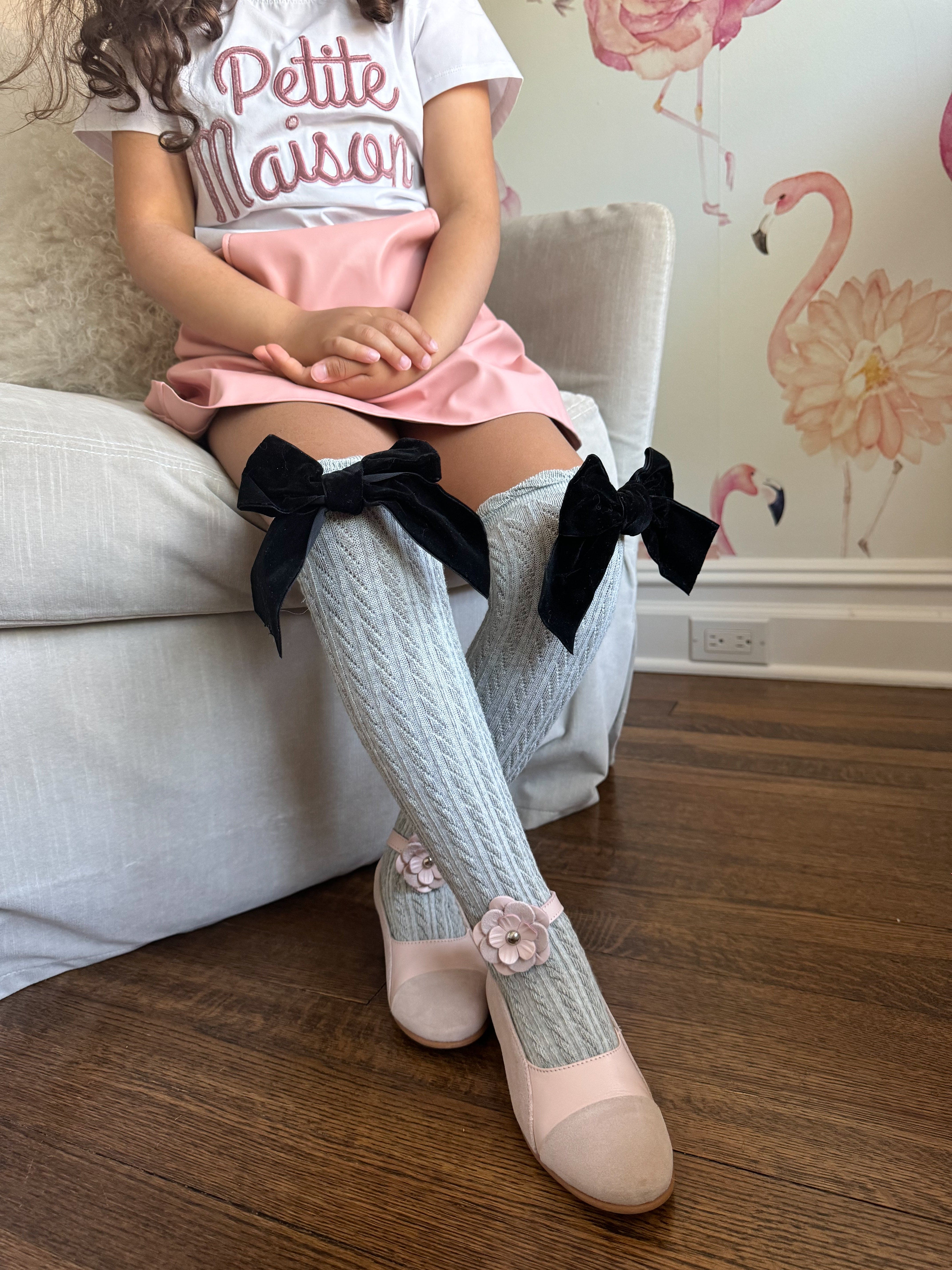 Grey Knee High Socks with Velvet Bows - Image 15