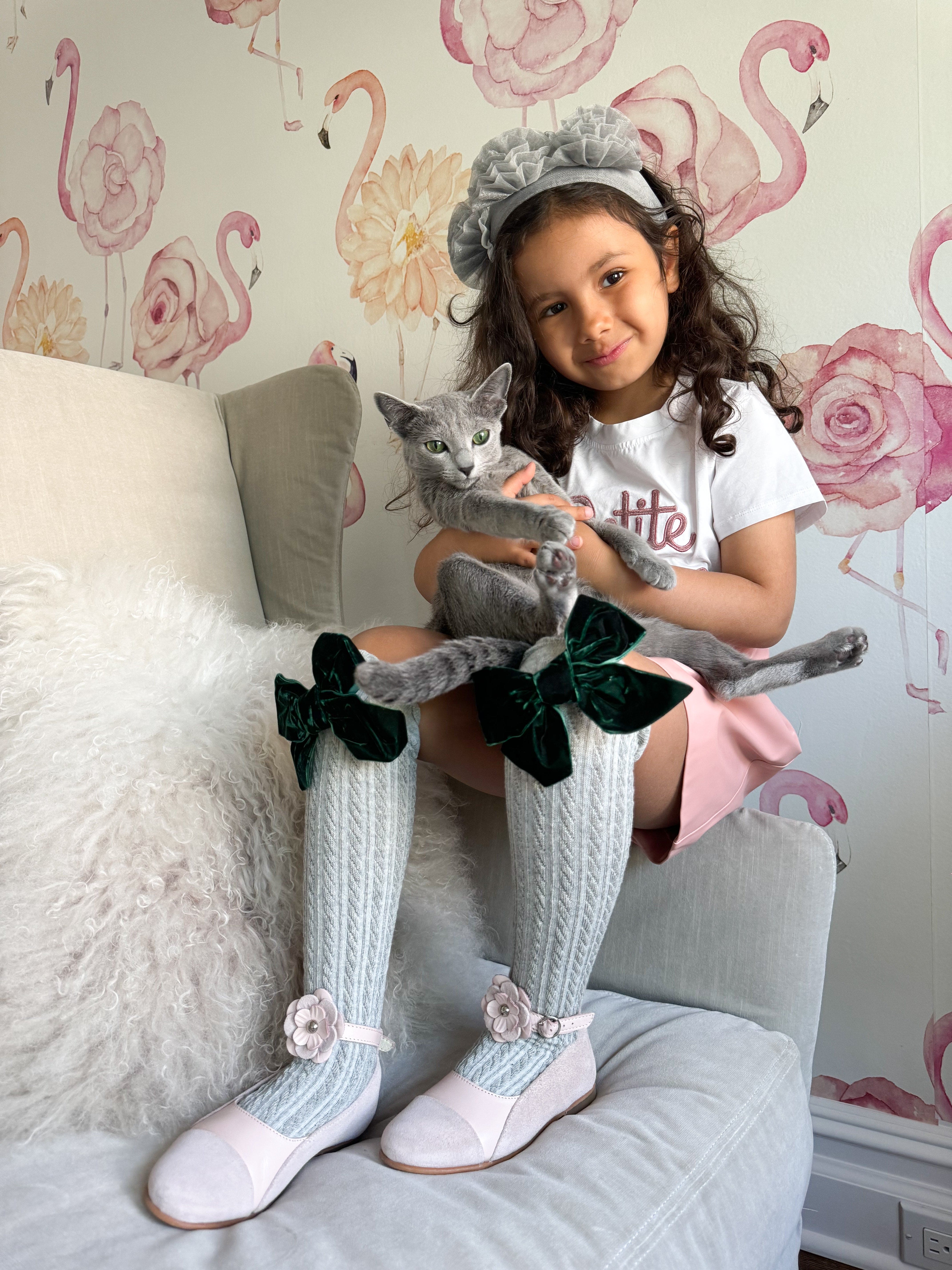 Grey Knee High Socks with Velvet Bows - Image 16