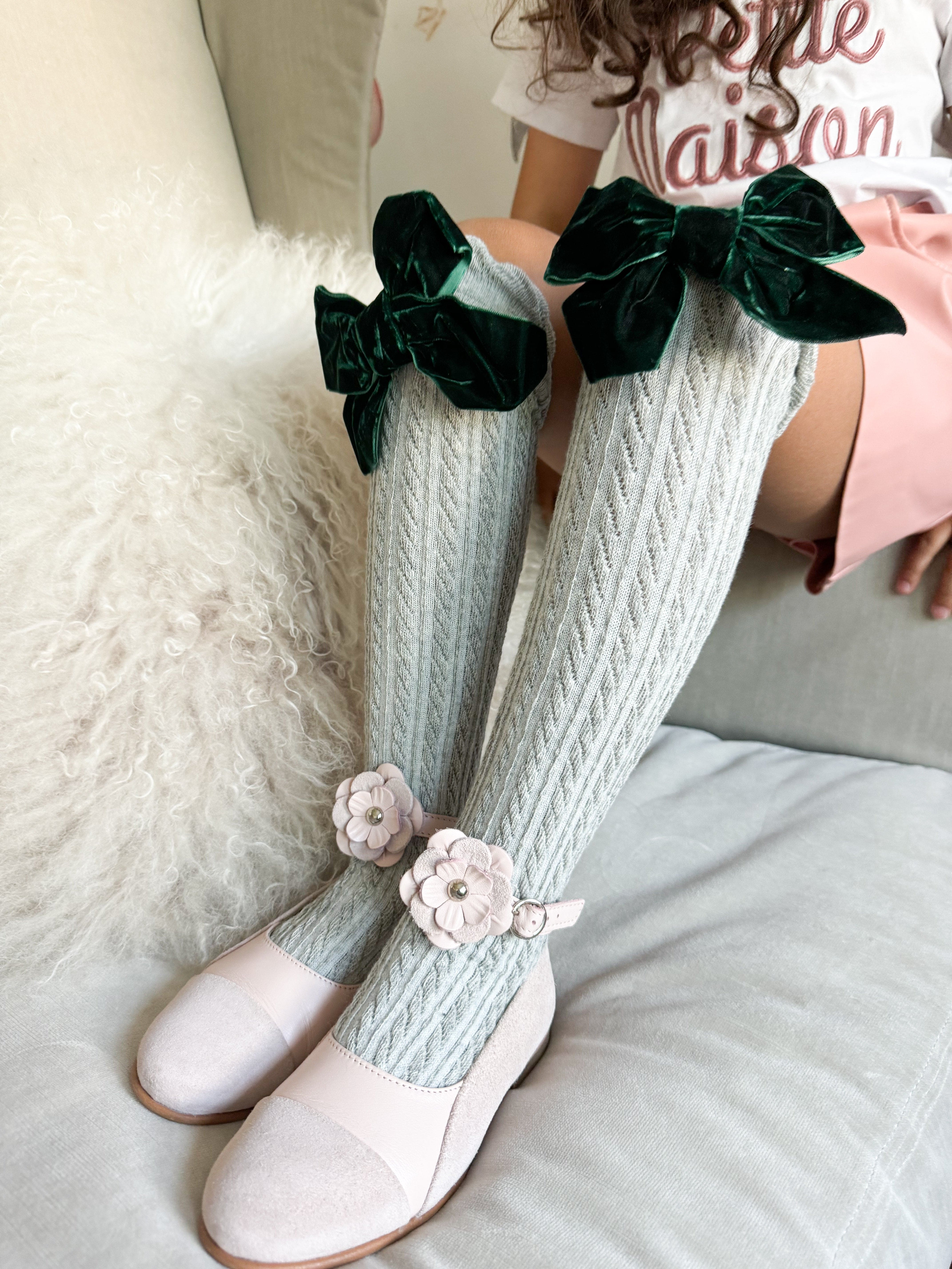 Grey Knee High Socks with Velvet Bows - Image 17