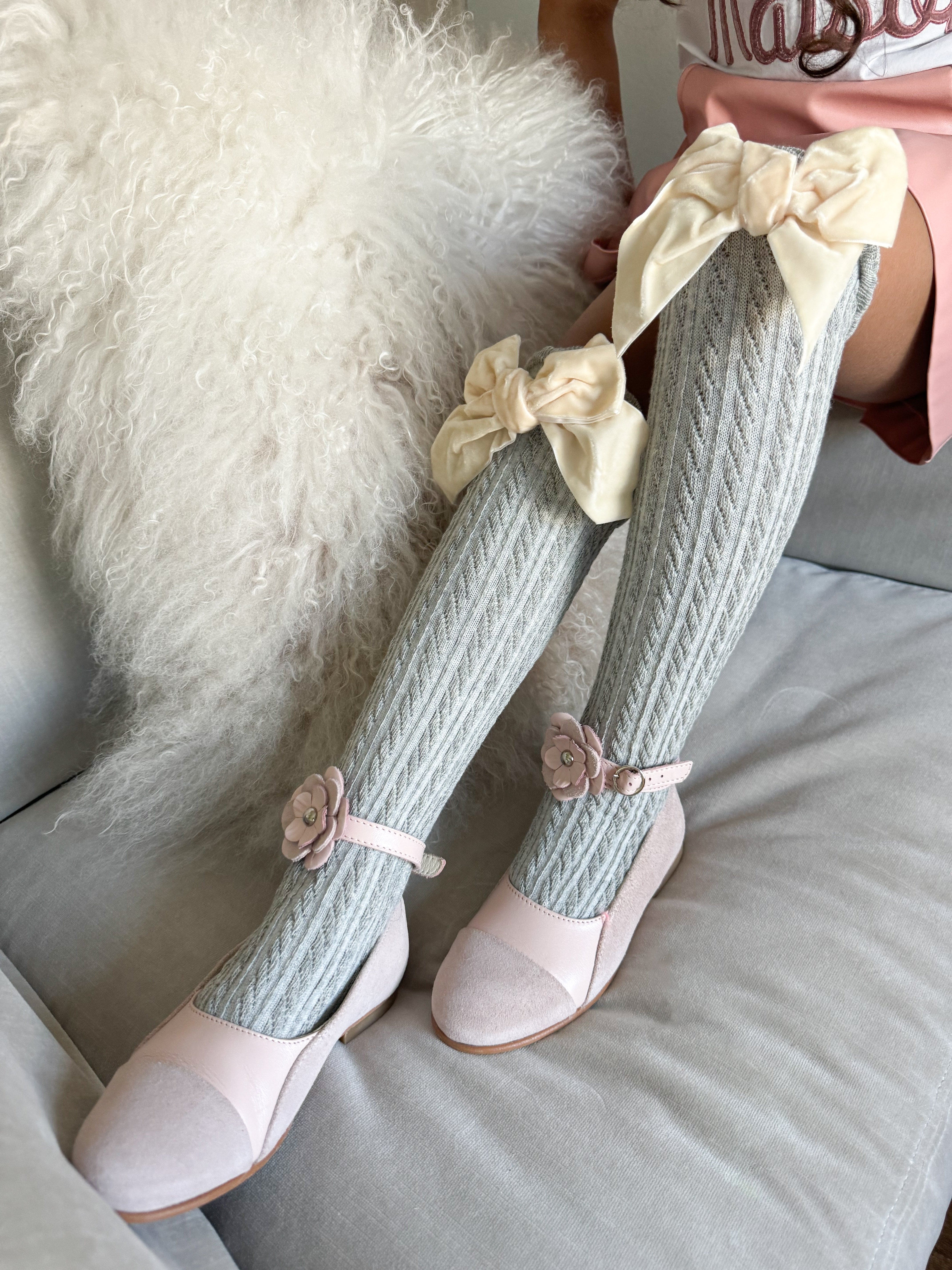 Grey Knee High Socks with Velvet Bows - Image 18