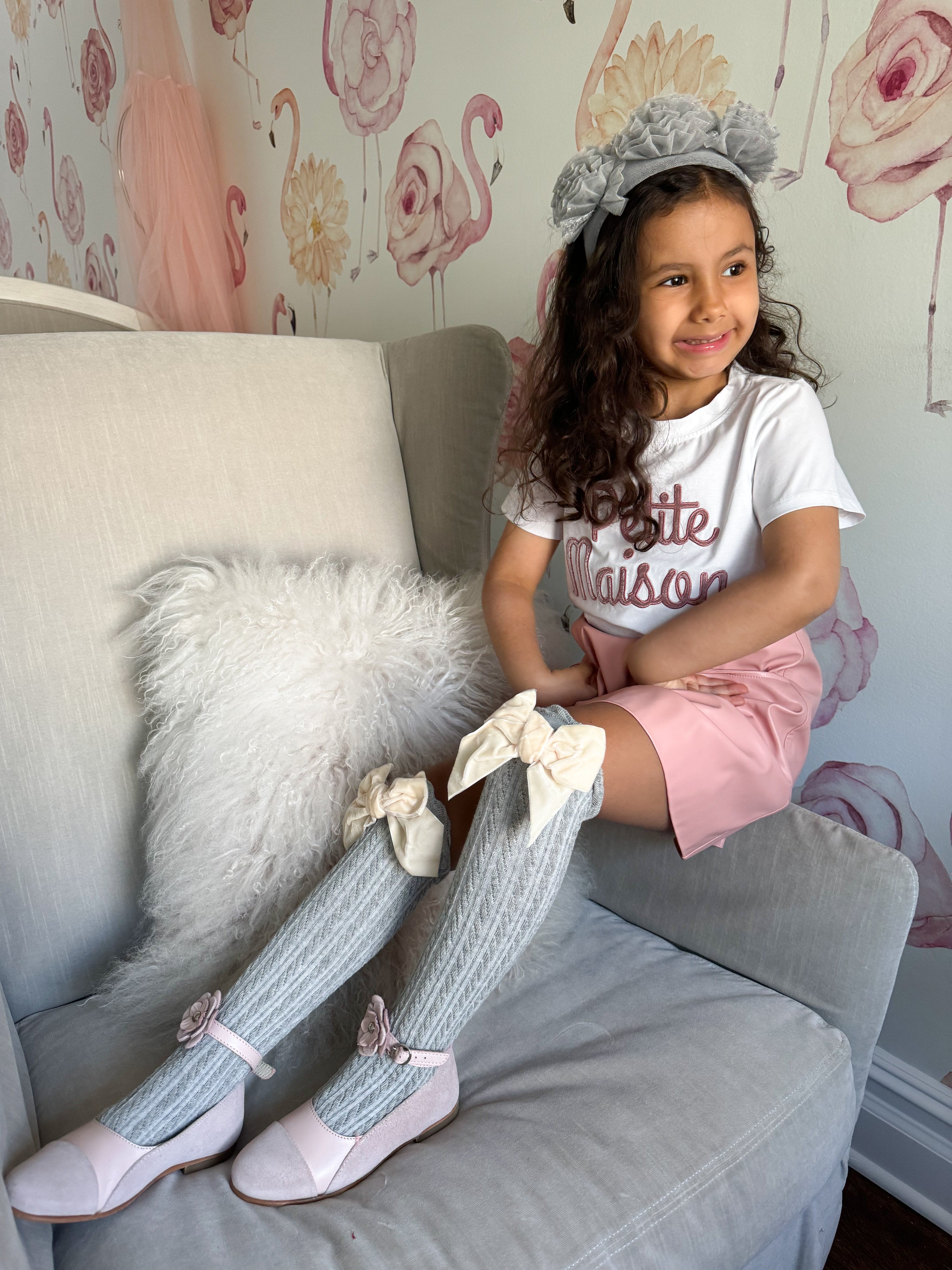 Grey Knee High Socks with Velvet Bows - Image 19