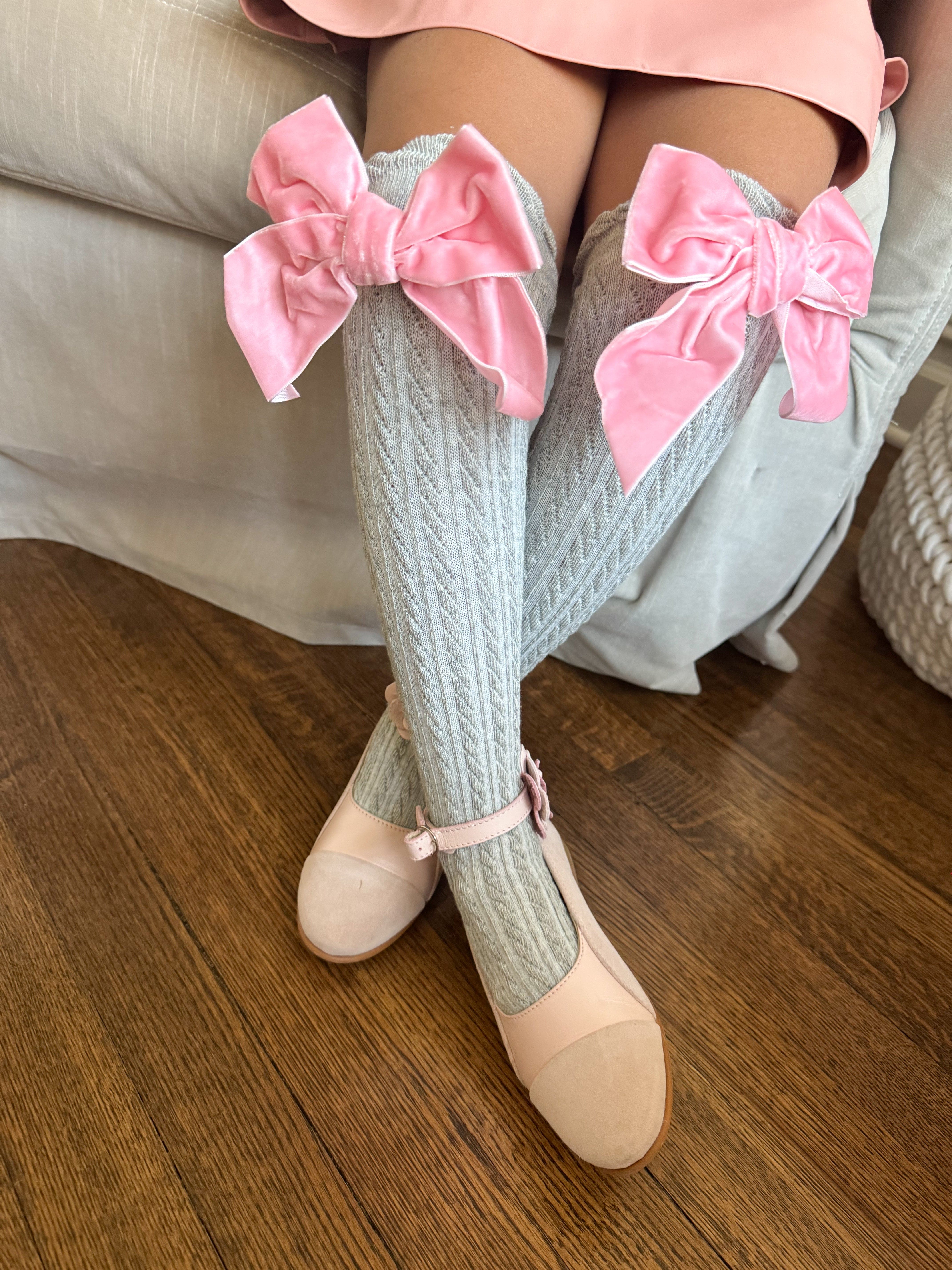 Grey Knee High Socks with Velvet Bows - Image 21