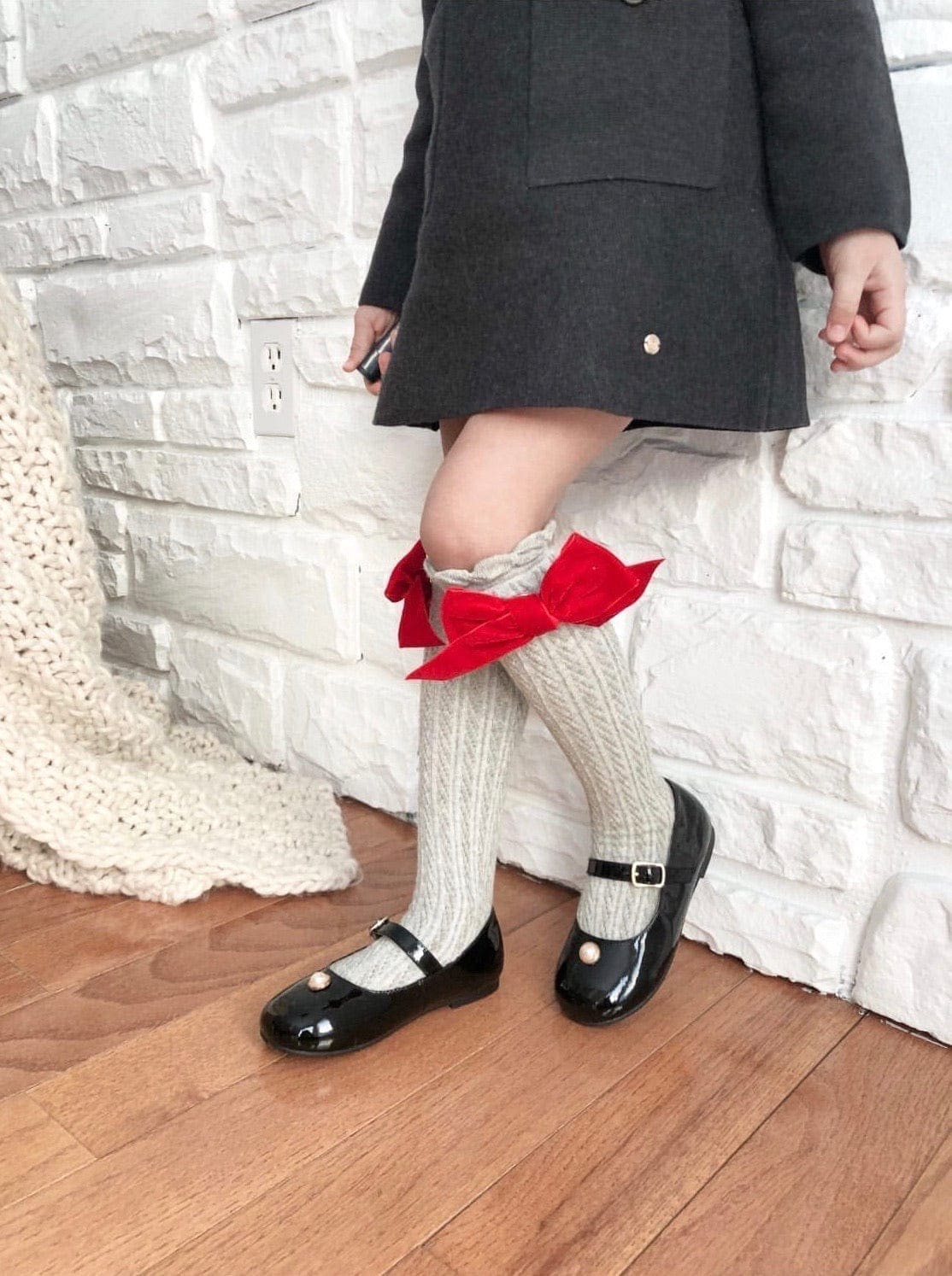 Grey Knee High Socks with Velvet Bows - Image 7