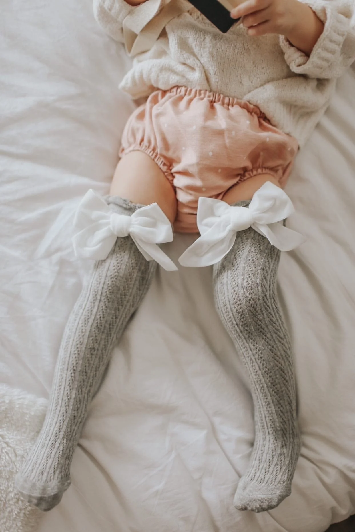 Grey Knee High Socks with Velvet Bows - Image 8