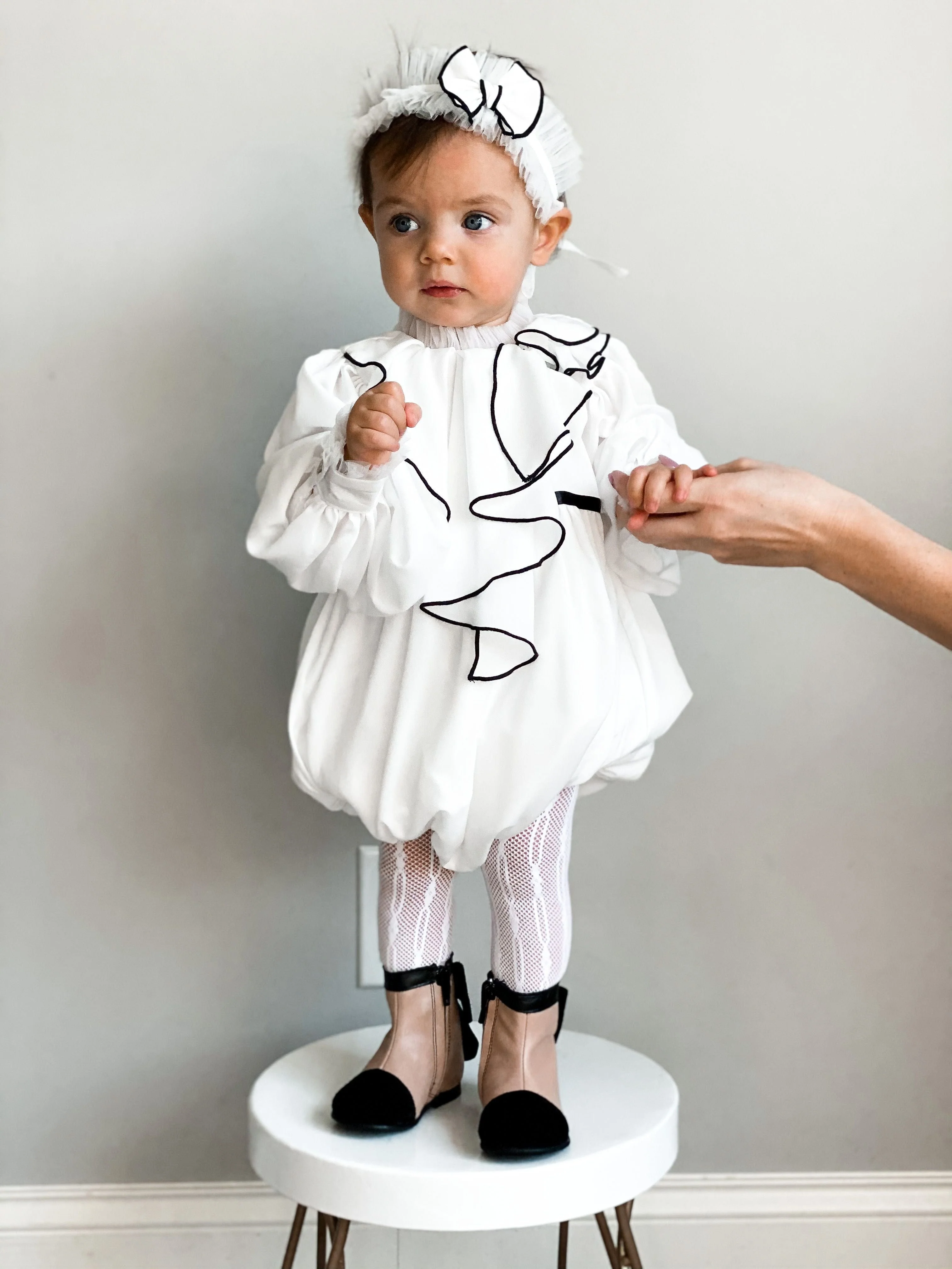 Gwen White Romper with Black Ruffle Trim - Image 3