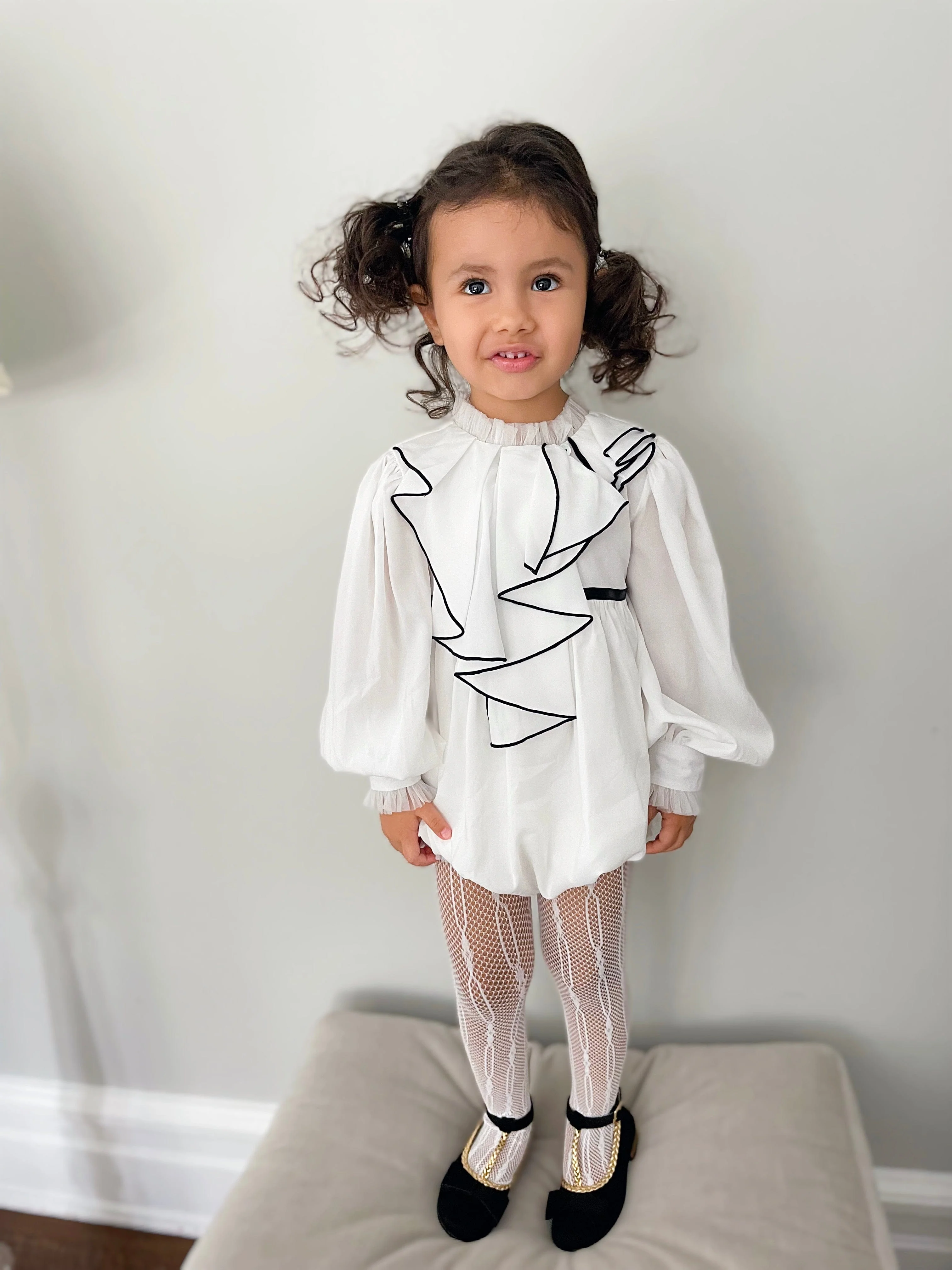 Gwen White Romper with Black Ruffle Trim - Image 9