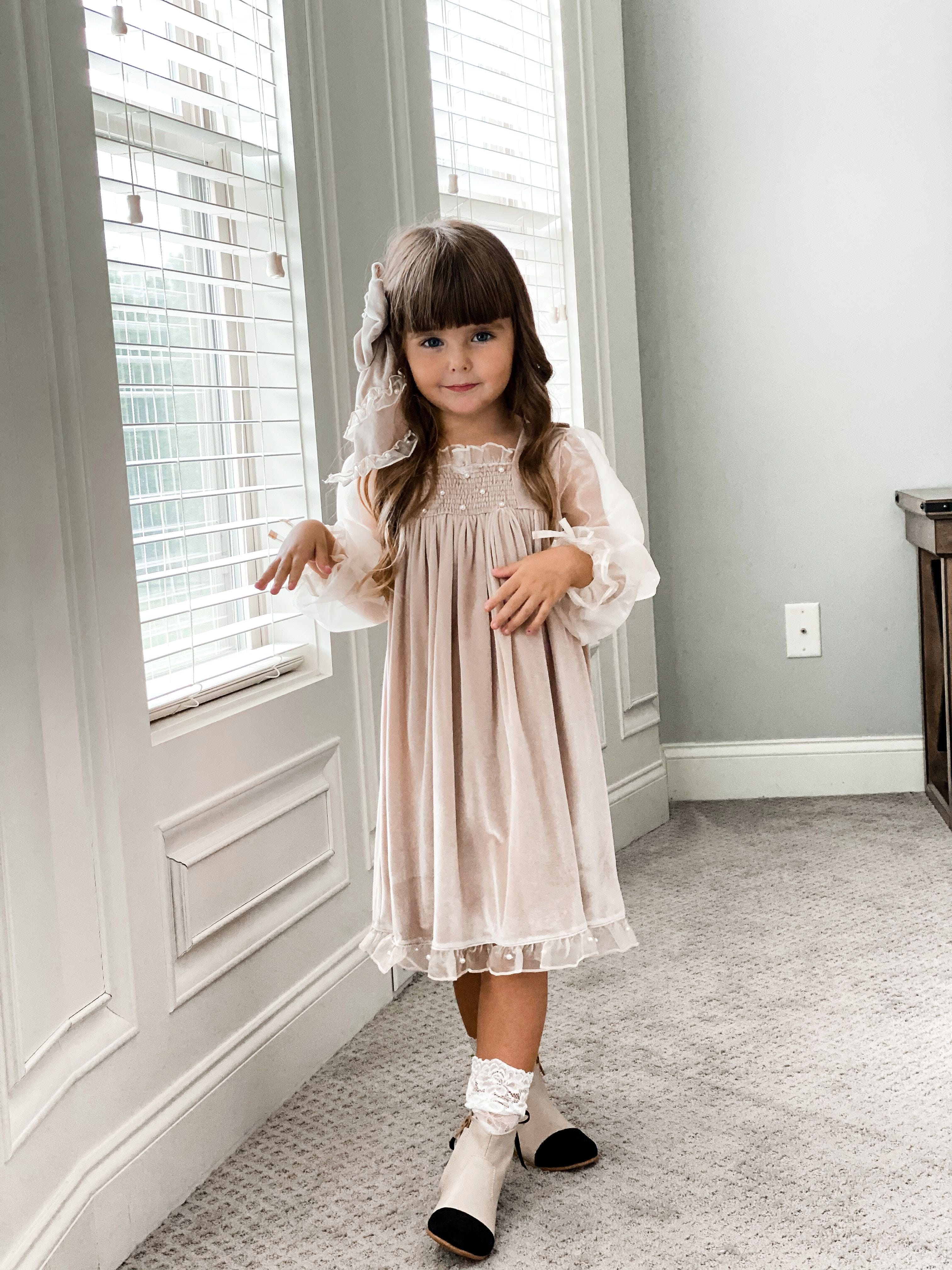 Helena Velour Beige Dress With Organza Sleeves - Image 19