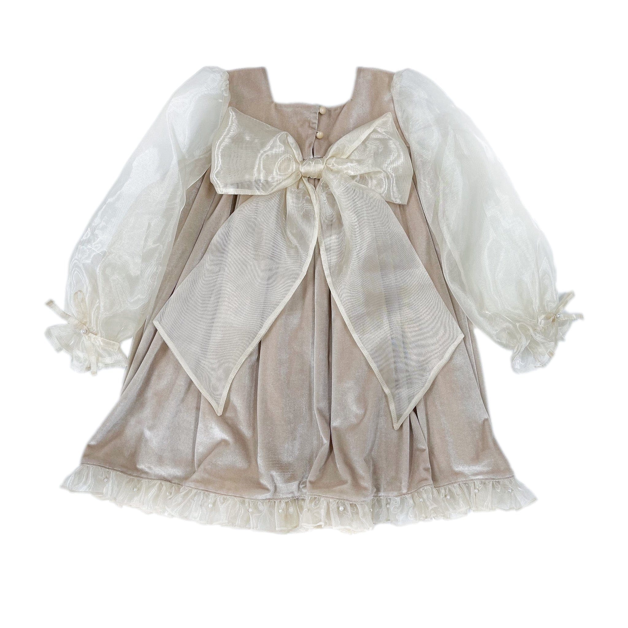 Helena Velour Beige Dress With Organza Sleeves - Image 2