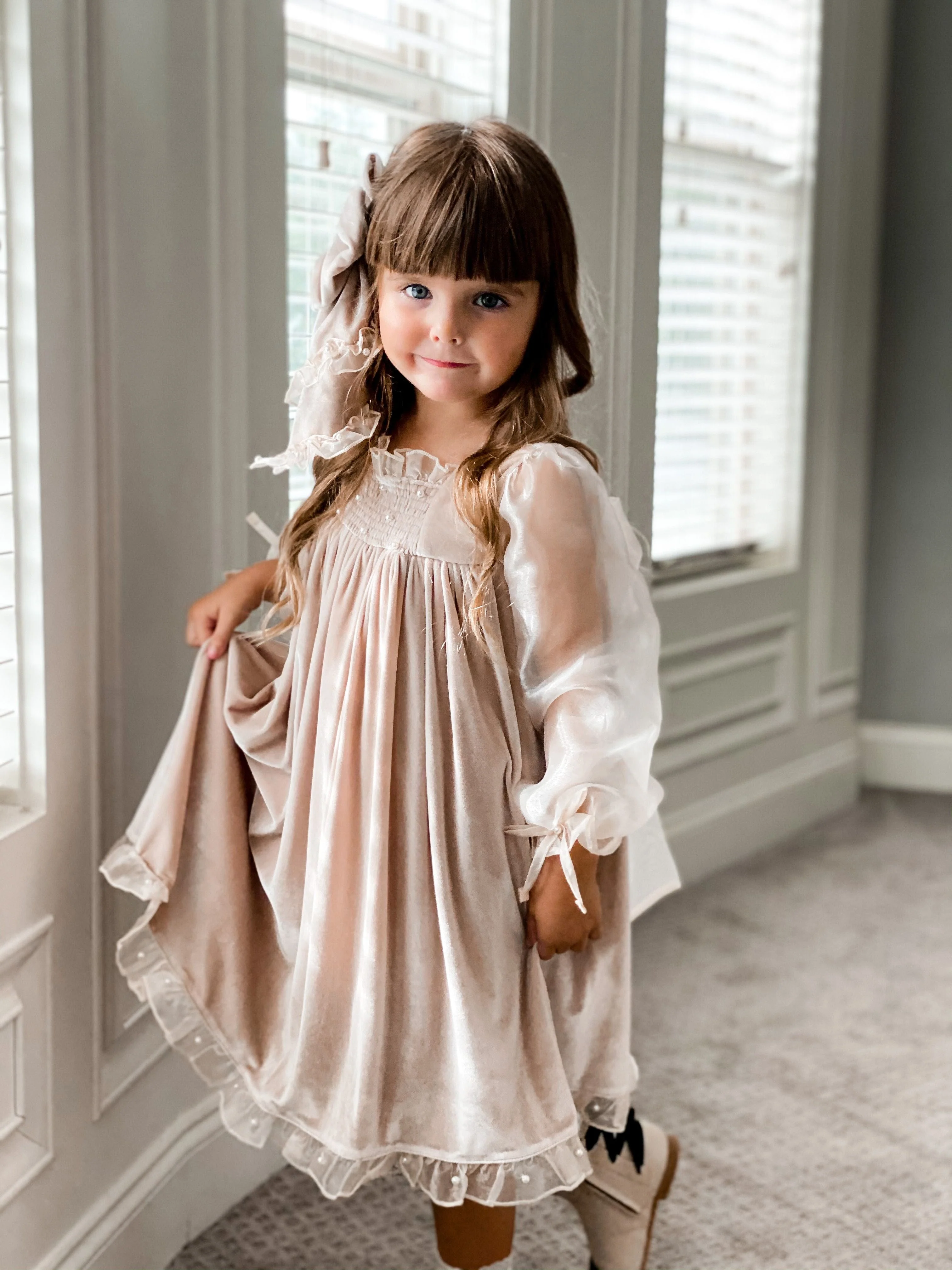 Helena Velour Beige Dress With Organza Sleeves - Image 7