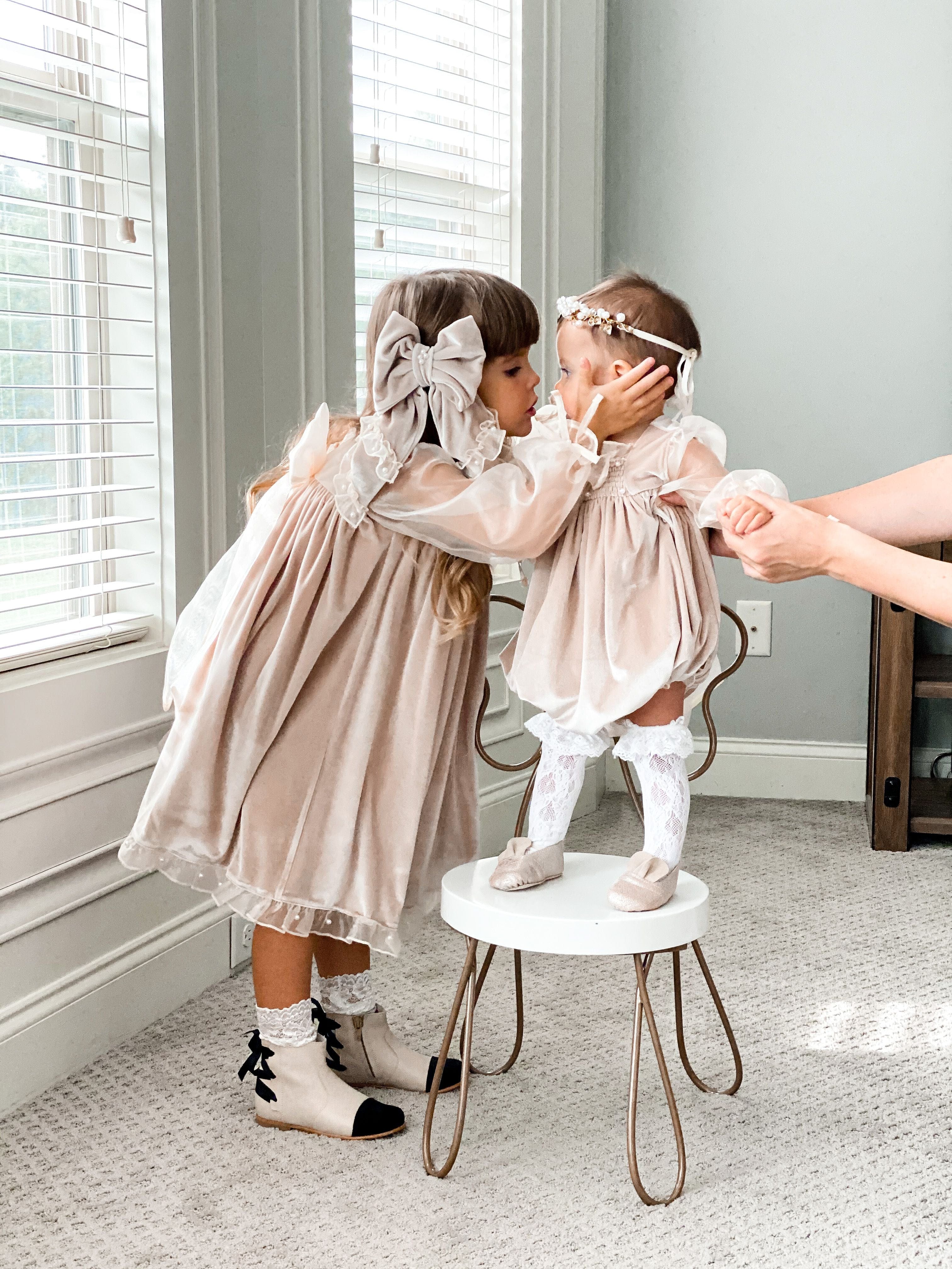 Helena Velour Beige Dress With Organza Sleeves - Image 9