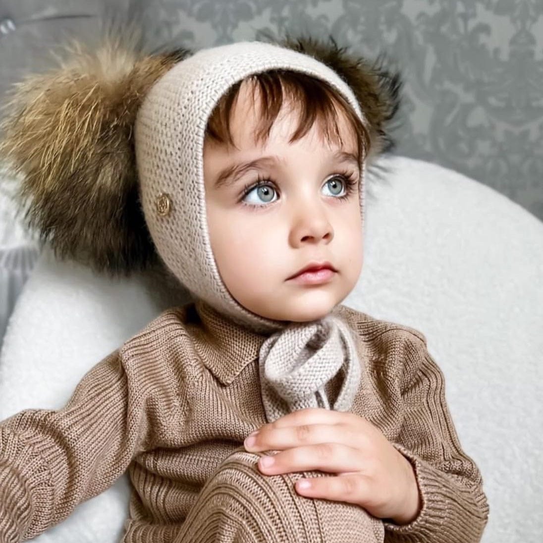 Honeycomb Beige Cashmere Bonnet with Beige Poms - Image 2