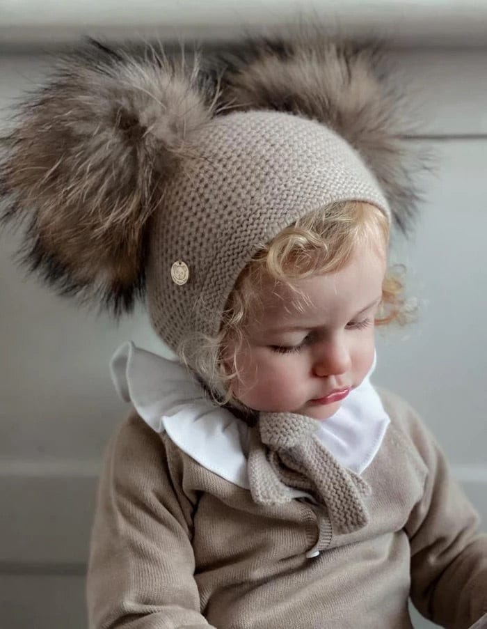 Honeycomb Beige Cashmere Bonnet with Beige Poms - Image 3