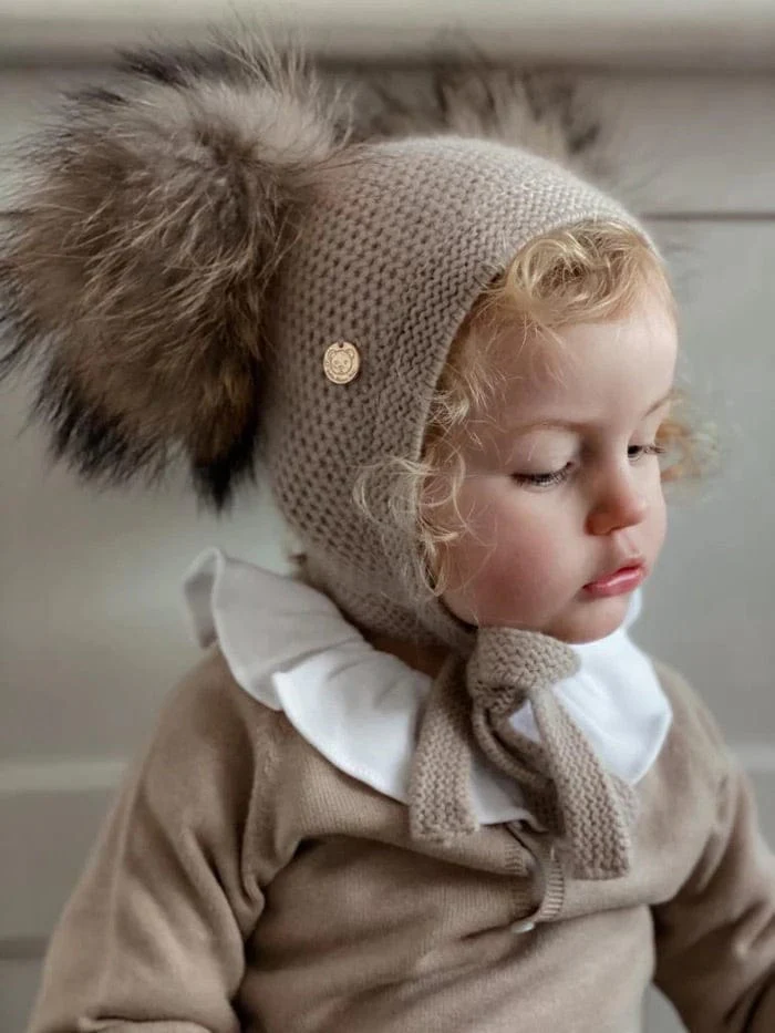 Honeycomb Beige Cashmere Bonnet with Beige Poms - Image 4
