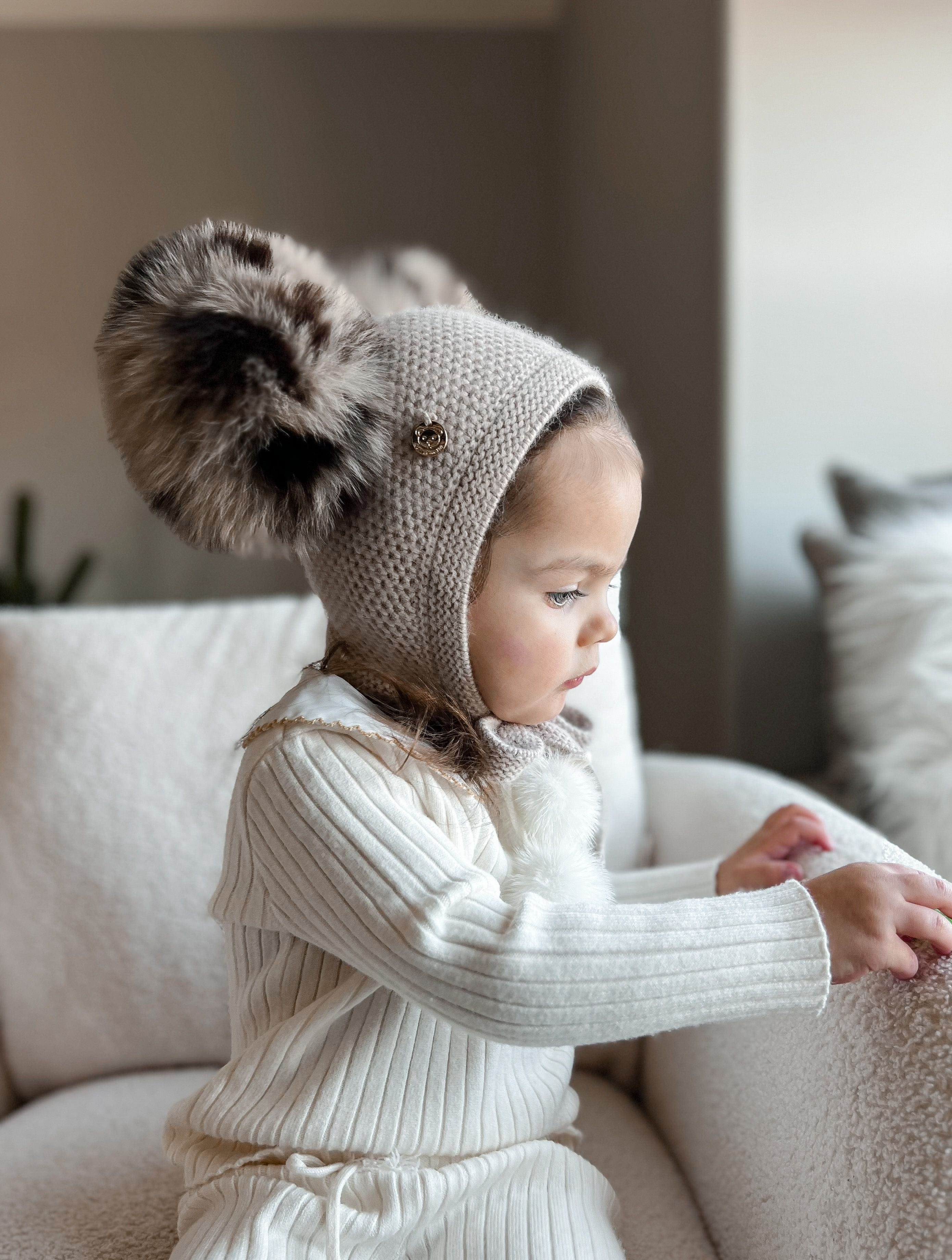 Honeycomb Beige Cashmere Bonnet with Animal Print Poms - Image 5