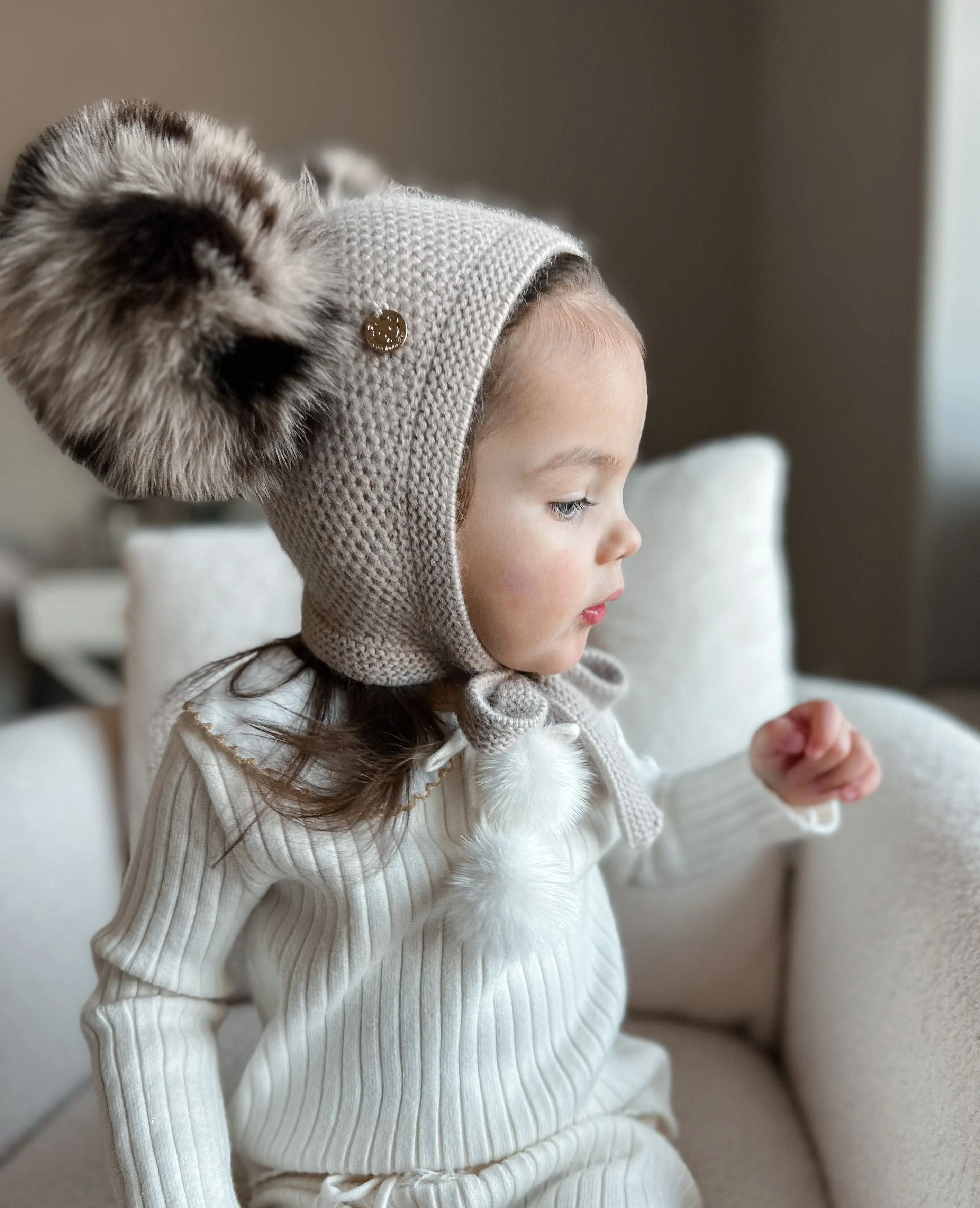 Honeycomb Beige Cashmere Bonnet with Animal Print Poms - Image 6