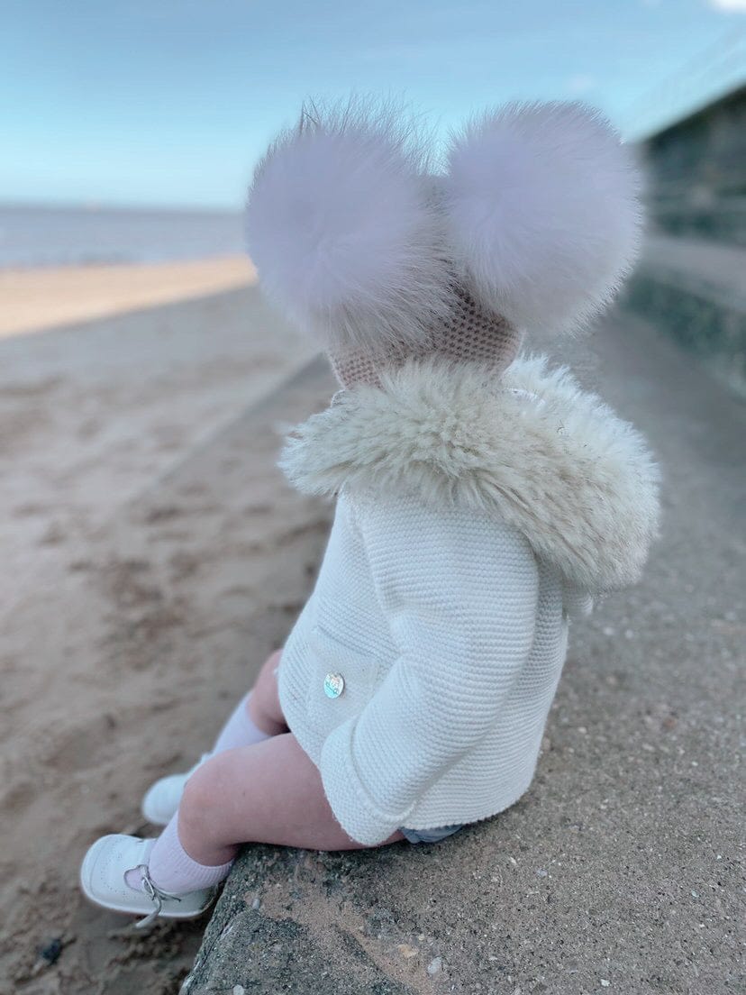 Honeycomb Beige Cashmere Bonnet with White Print Poms - Image 10