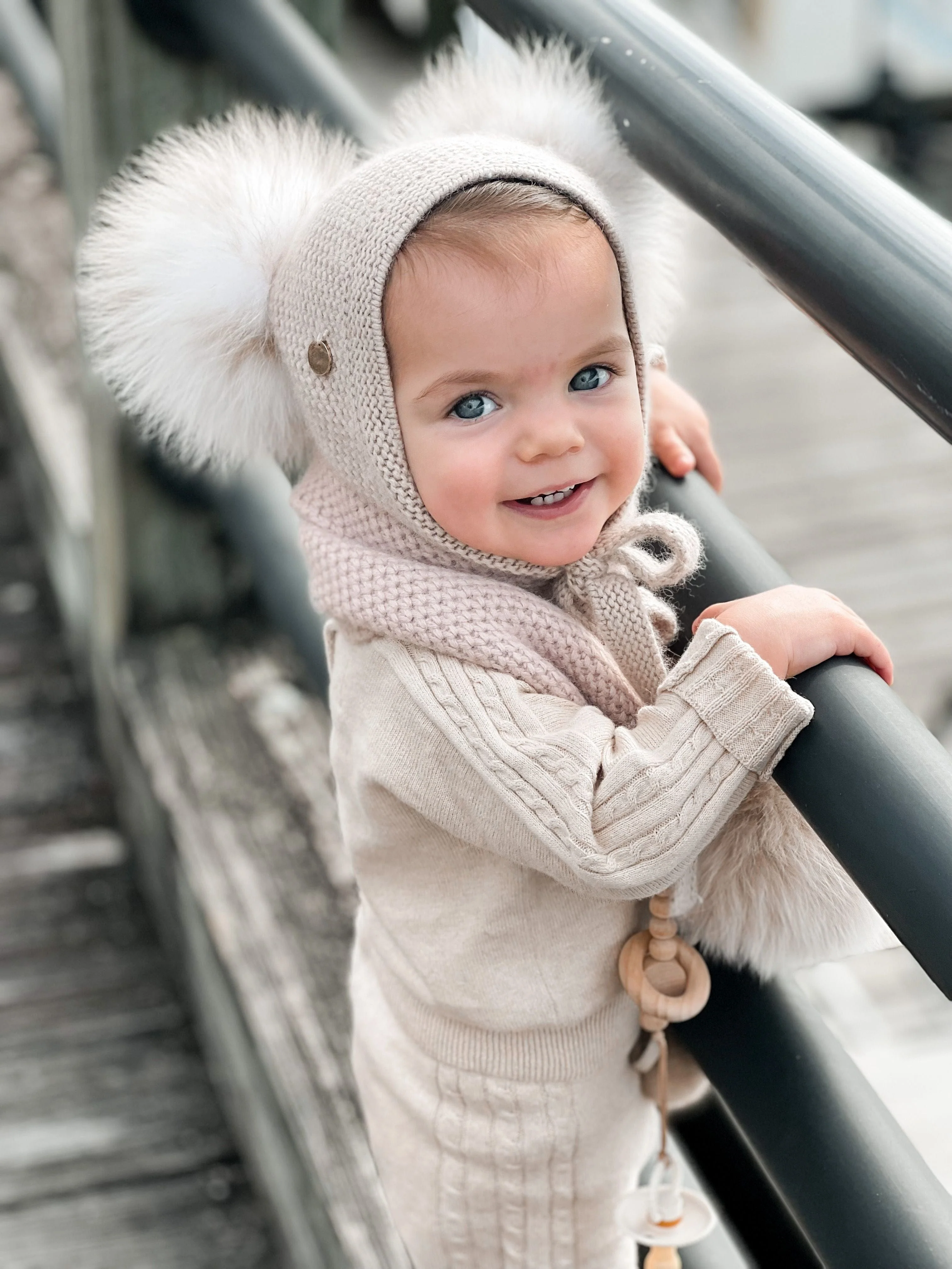 Honeycomb Beige Cashmere Bonnet with White Print Poms - Image 7