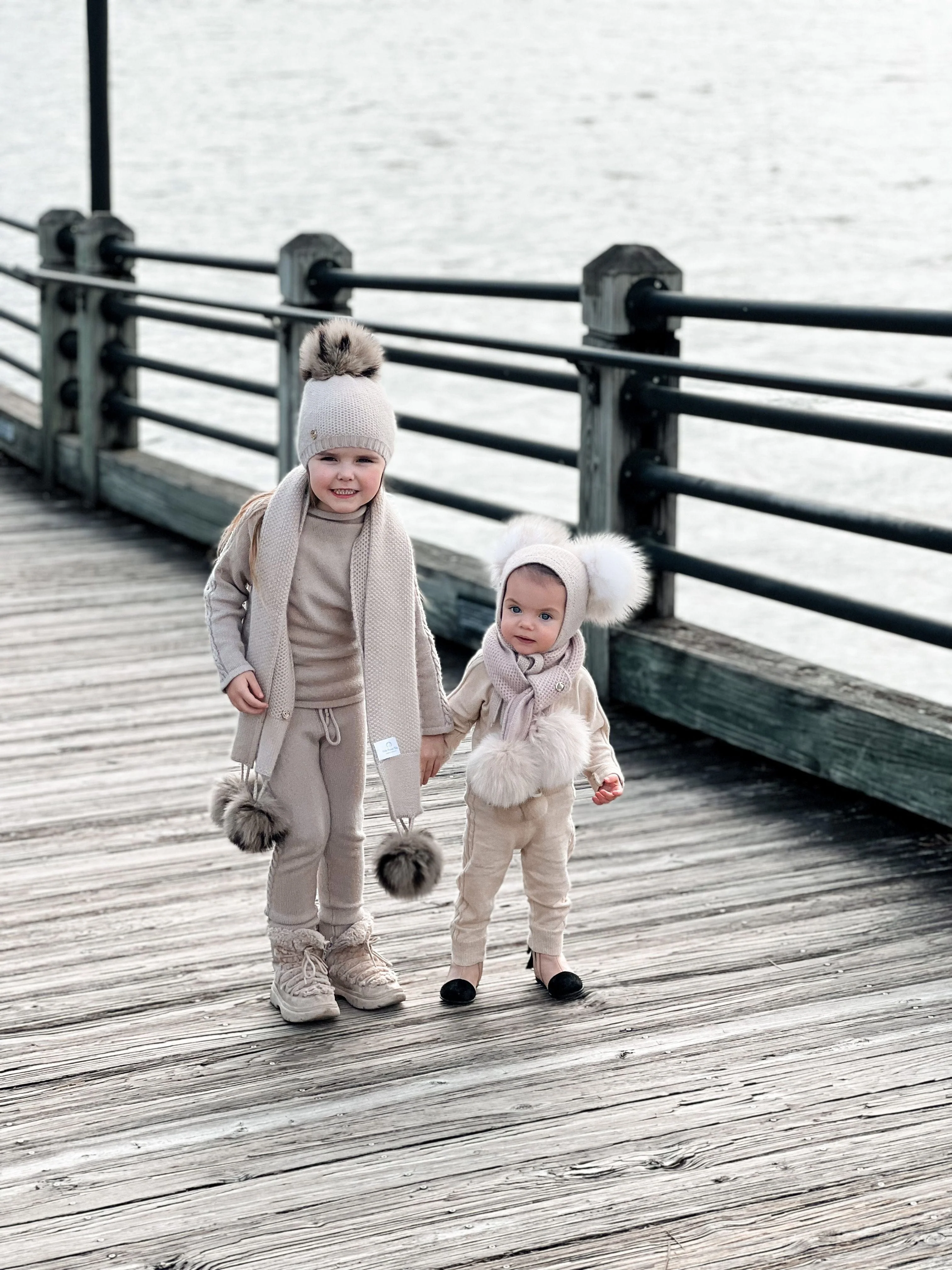 Honeycomb Beige Cashmere Bonnet with White Print Poms - Image 8