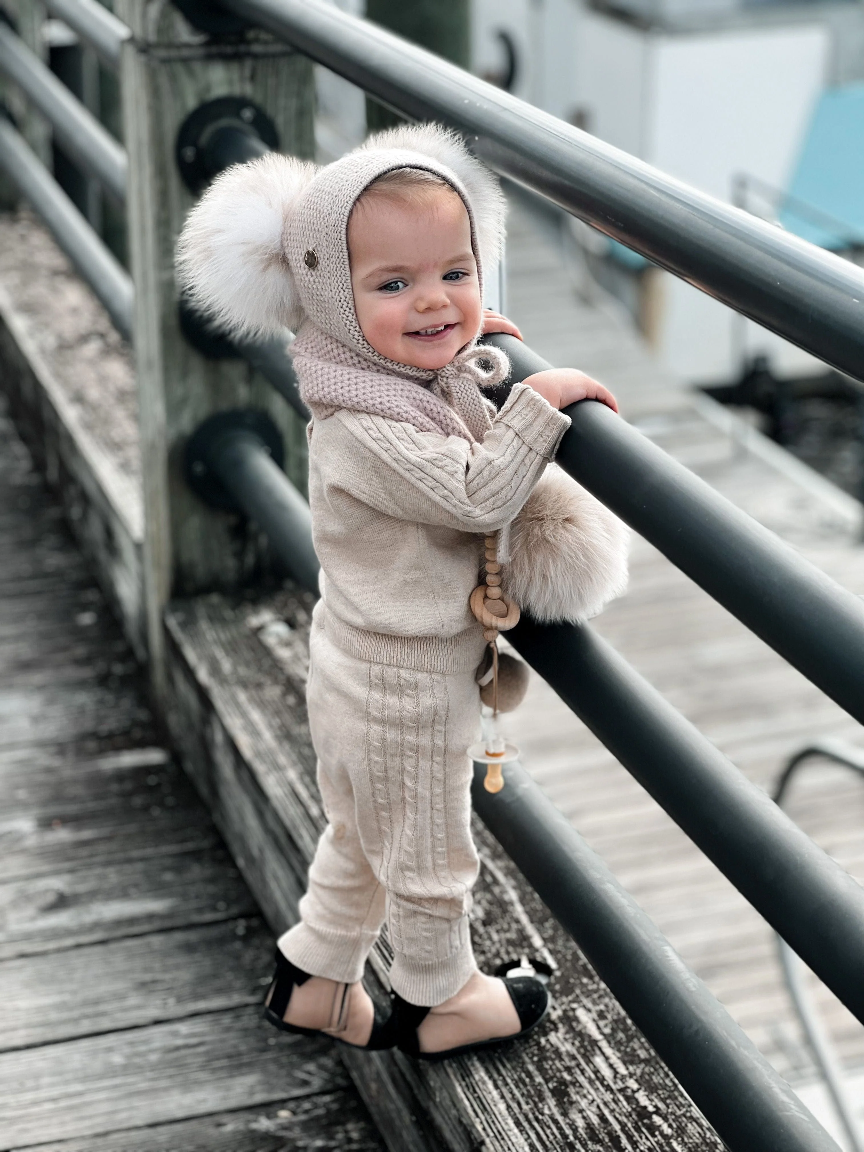 Honeycomb Beige Cashmere Bonnet with White Print Poms - Image 9