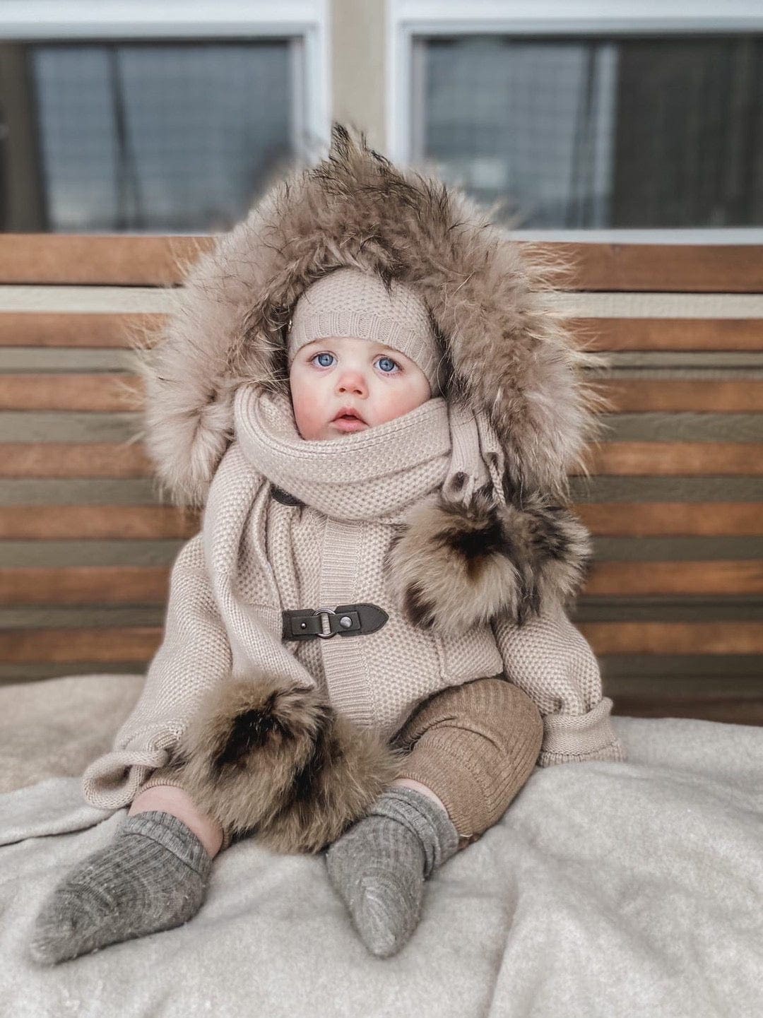 Honeycomb Beige Cashmere Fur Pom Scarf - Animal Print Fur Poms - Image 3