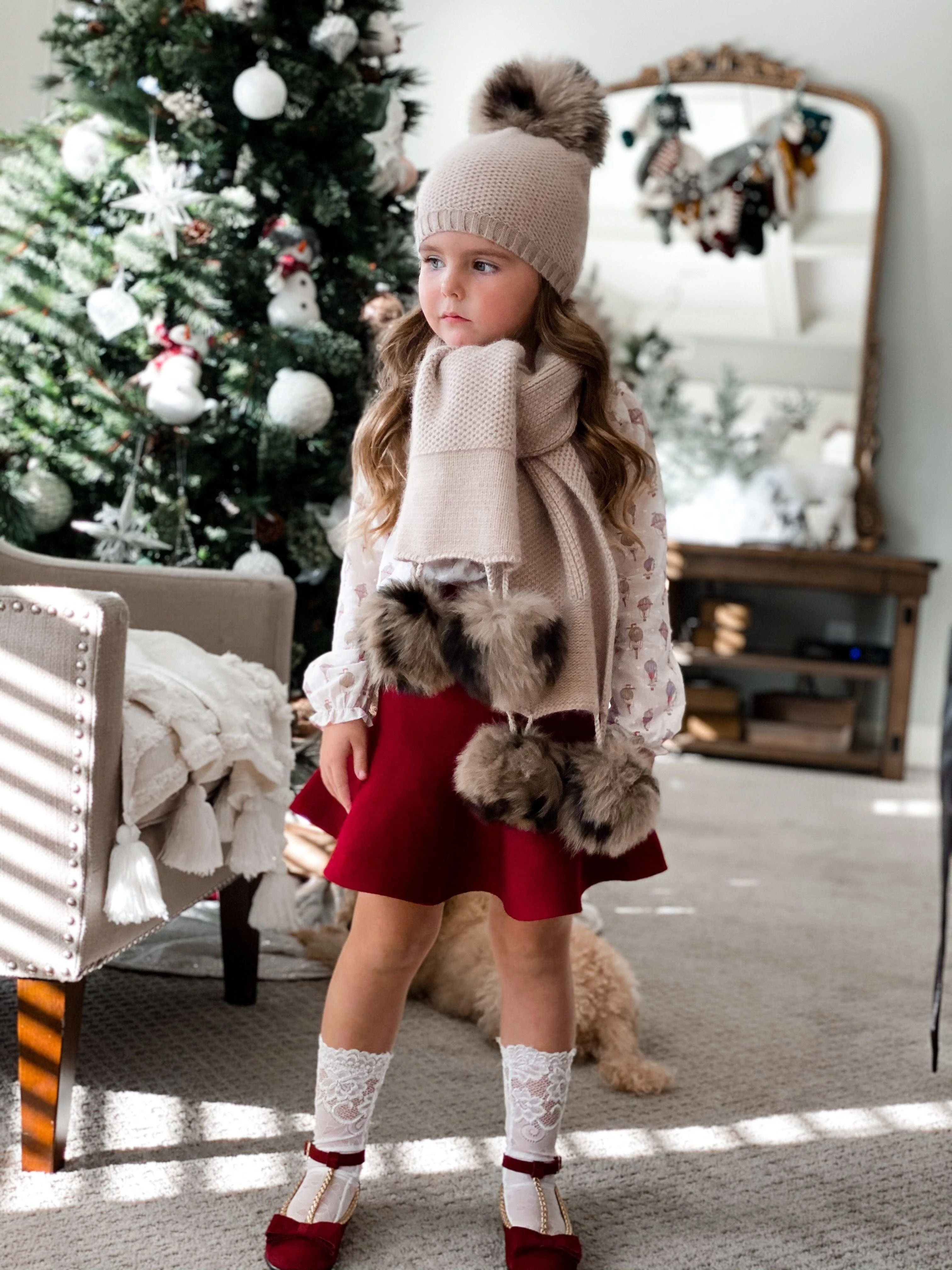 Honeycomb Beige Cashmere Fur Pom Scarf - Animal Print Fur Poms - Image 5