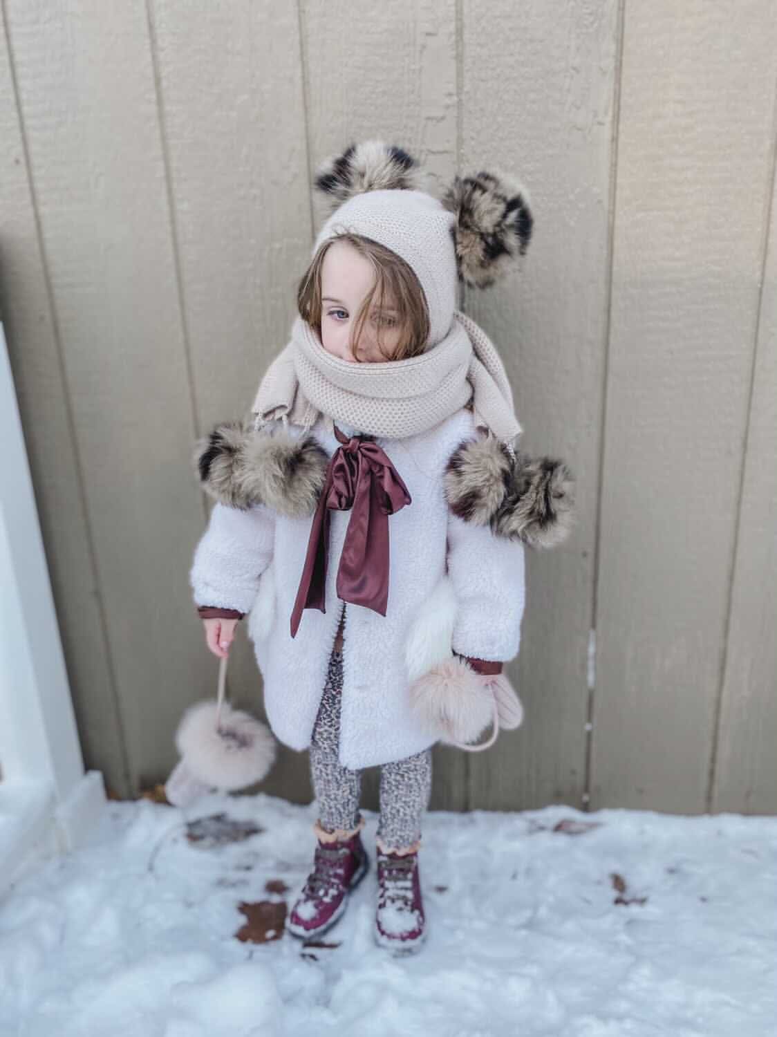 Honeycomb Beige Cashmere Fur Pom Scarf - Animal Print Fur Poms - Image 6
