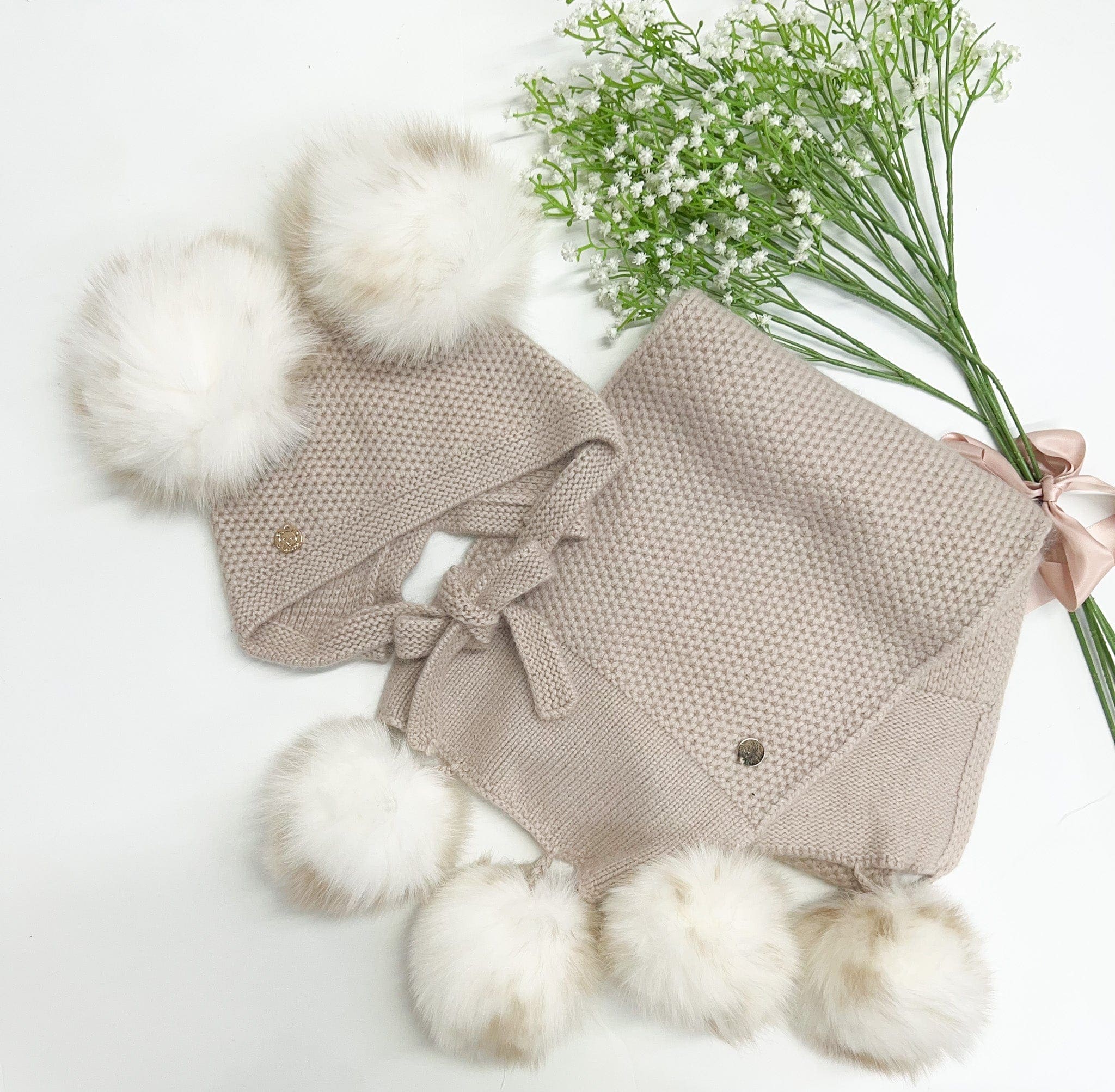 Honeycomb Beige Cashmere Fur Pom Scarf - White Fur Poms - Image 2