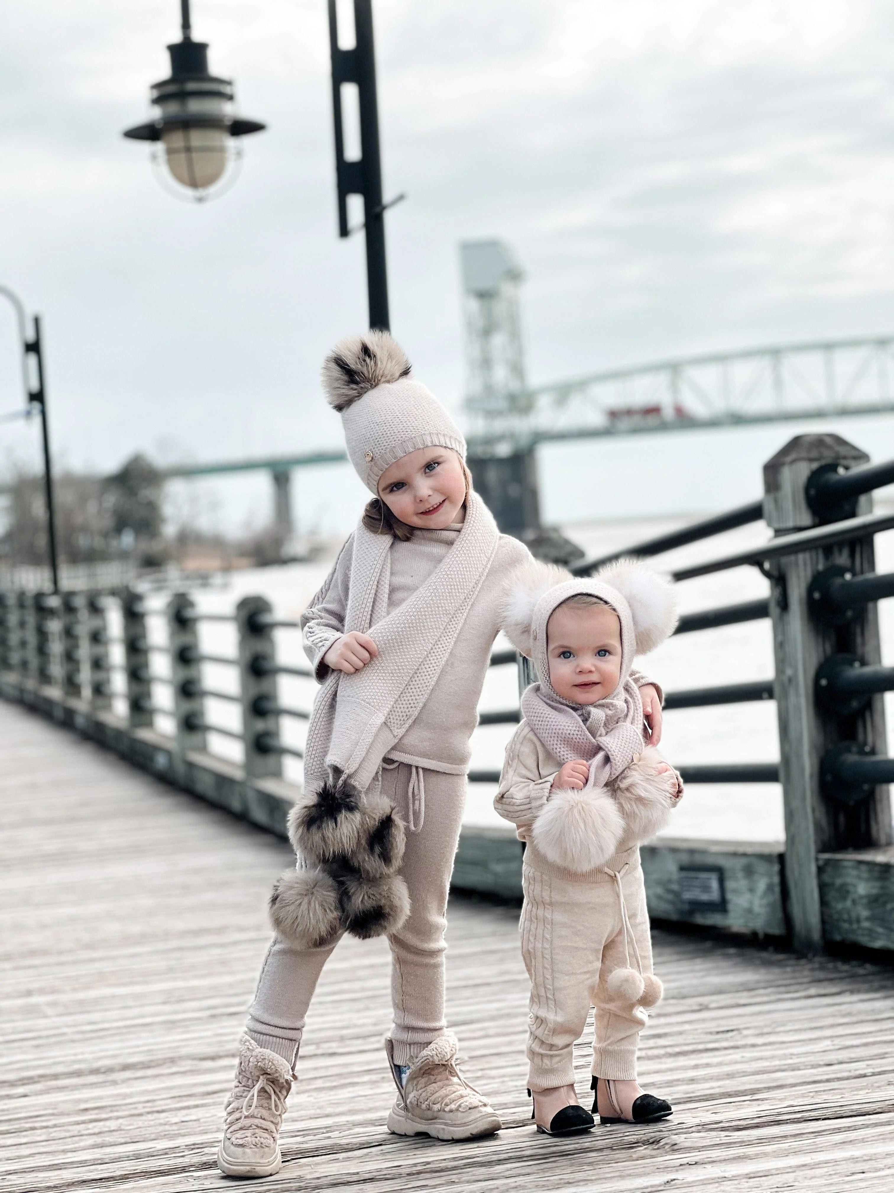Honeycomb Beige Cashmere Fur Pom Scarf - Animal Print Fur Poms - Image 7
