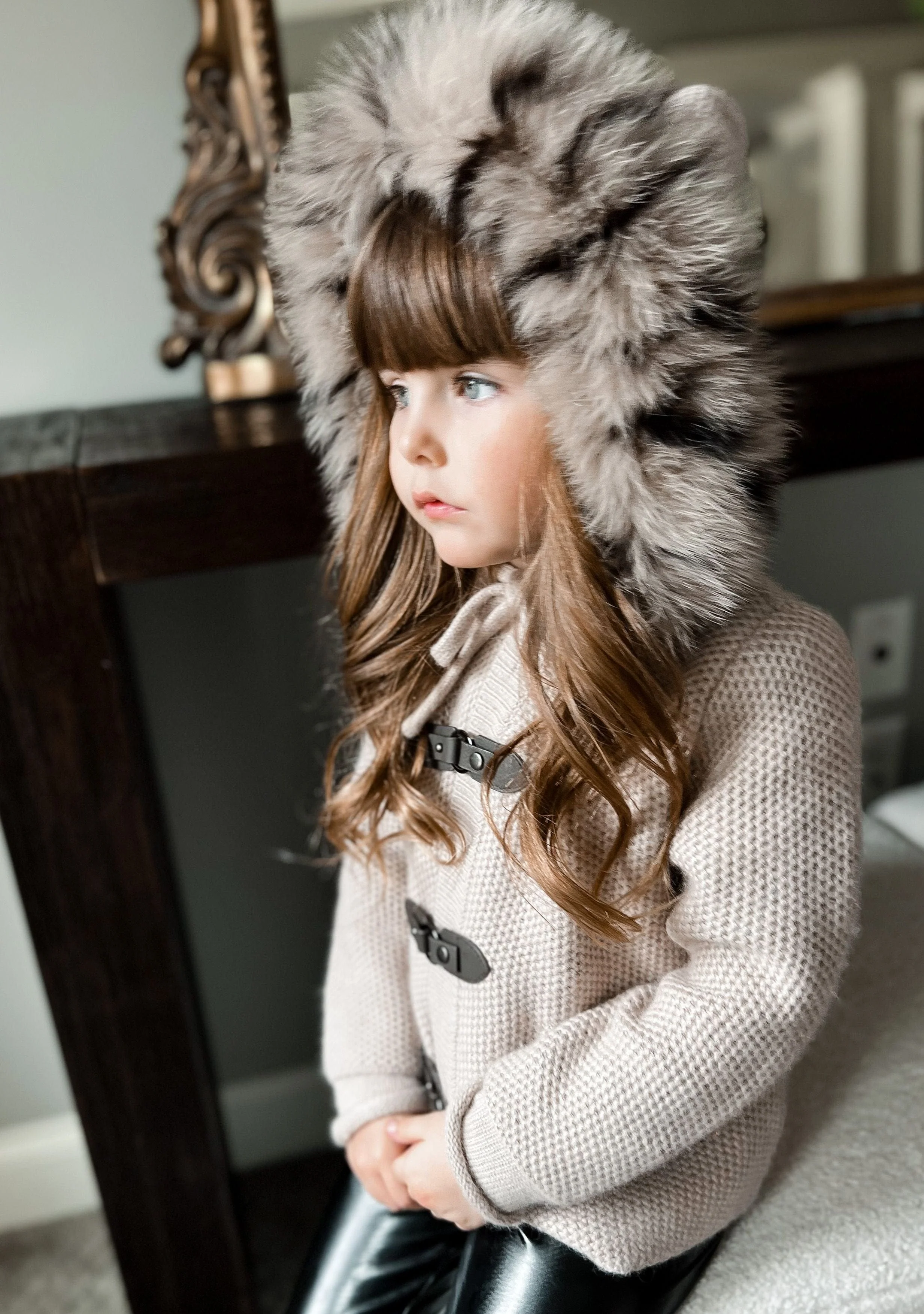 Honeycomb Beige Cashmere Pram Coat with Animal Print Trim - Image 3