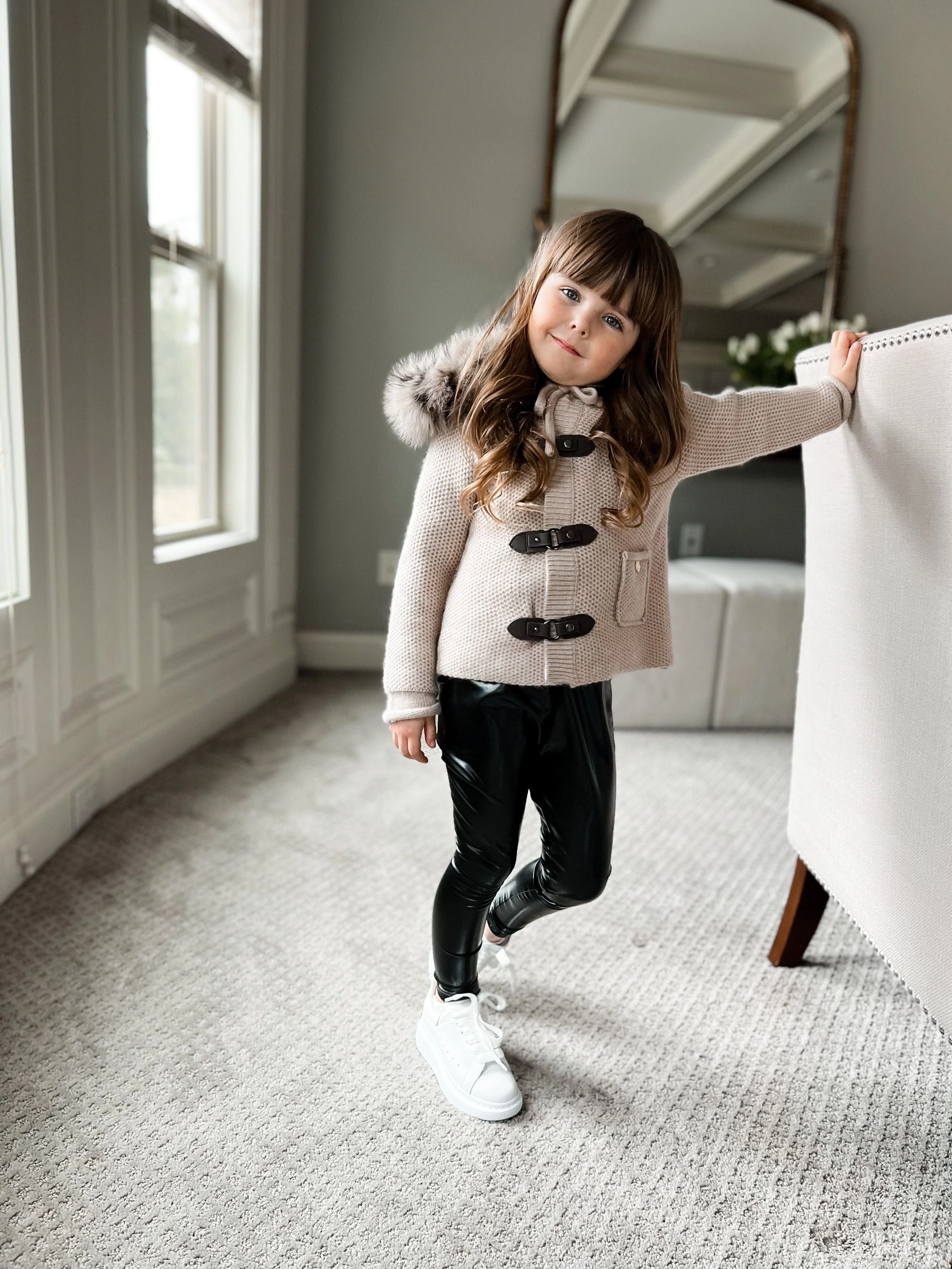 Honeycomb Beige Cashmere Pram Coat with Animal Print Trim - Image 4