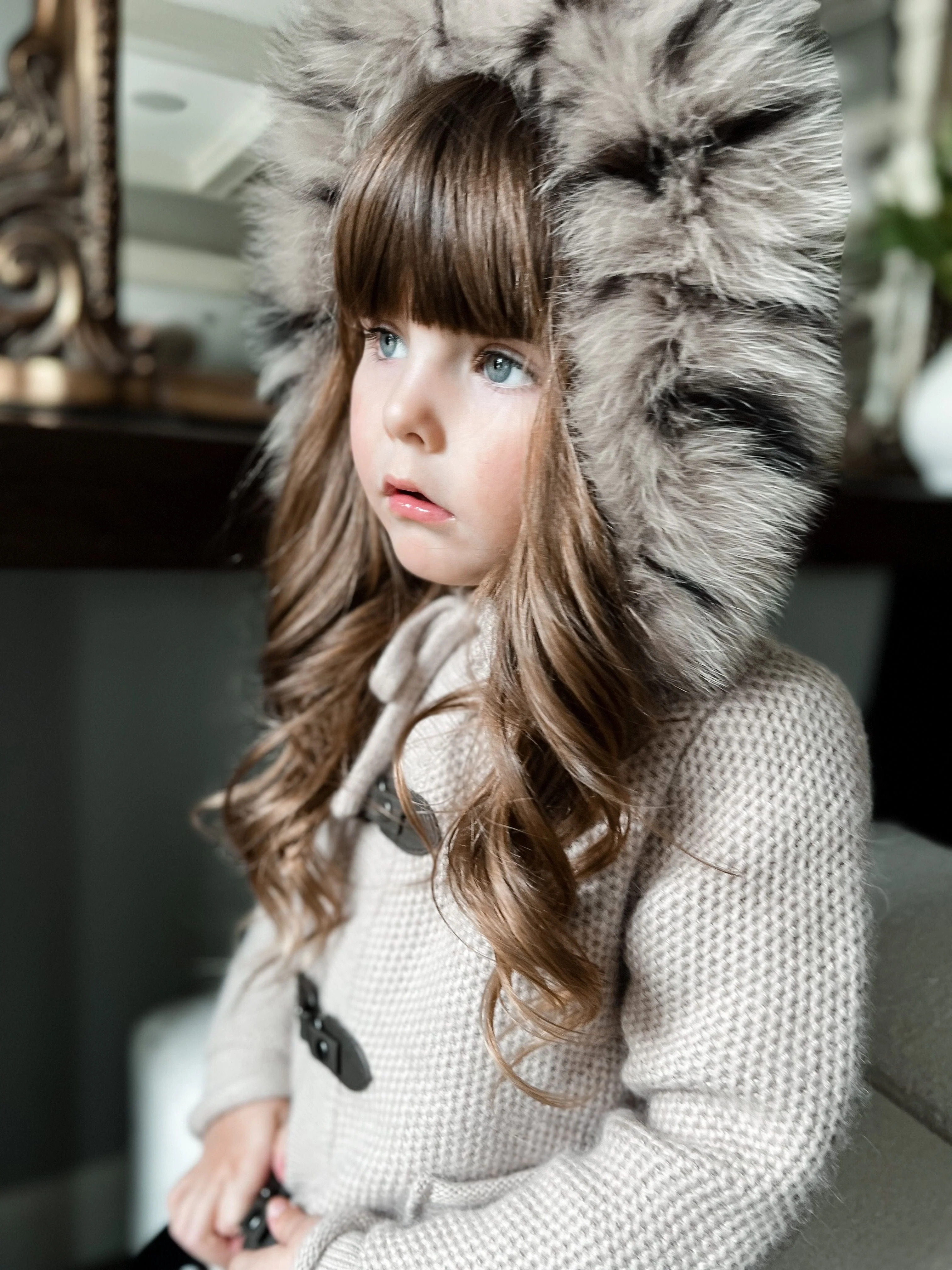 Honeycomb Beige Cashmere Pram Coat with Animal Print Trim - Image 5