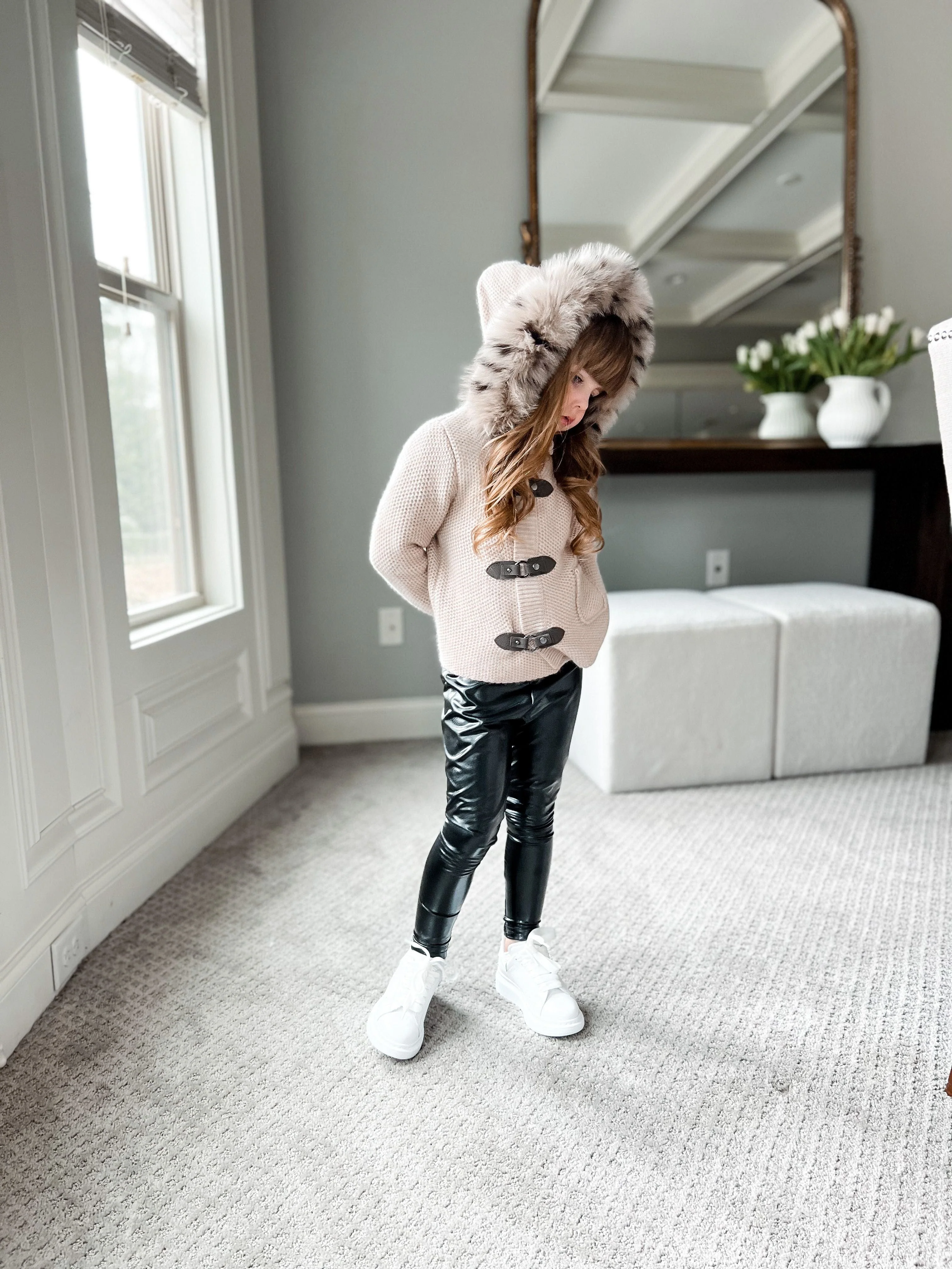 Honeycomb Beige Cashmere Pram Coat with Animal Print Trim - Image 6