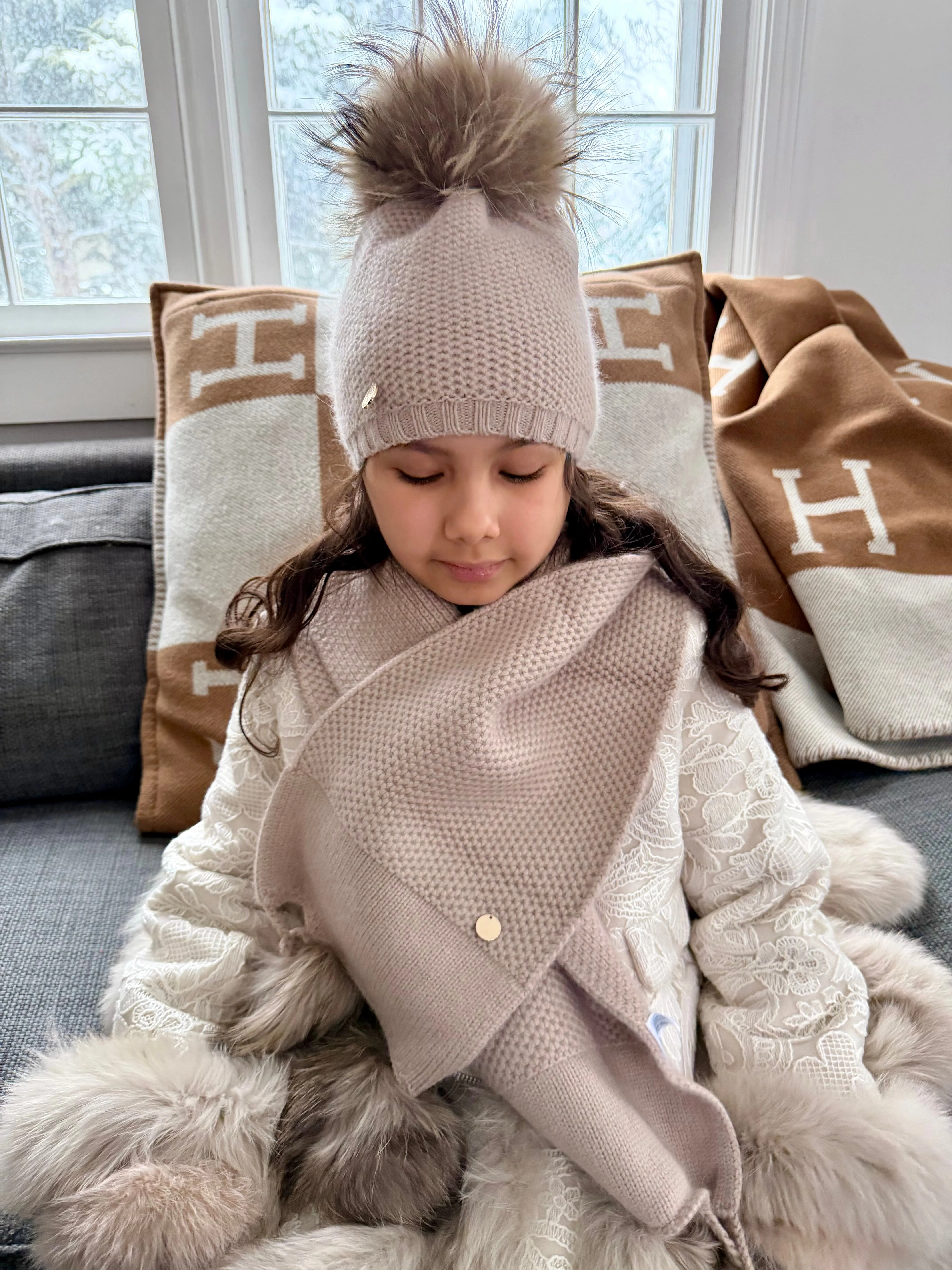 Honeycomb Beige Cashmere Fur Pom Scarf - Beige Fur Poms - Image 2