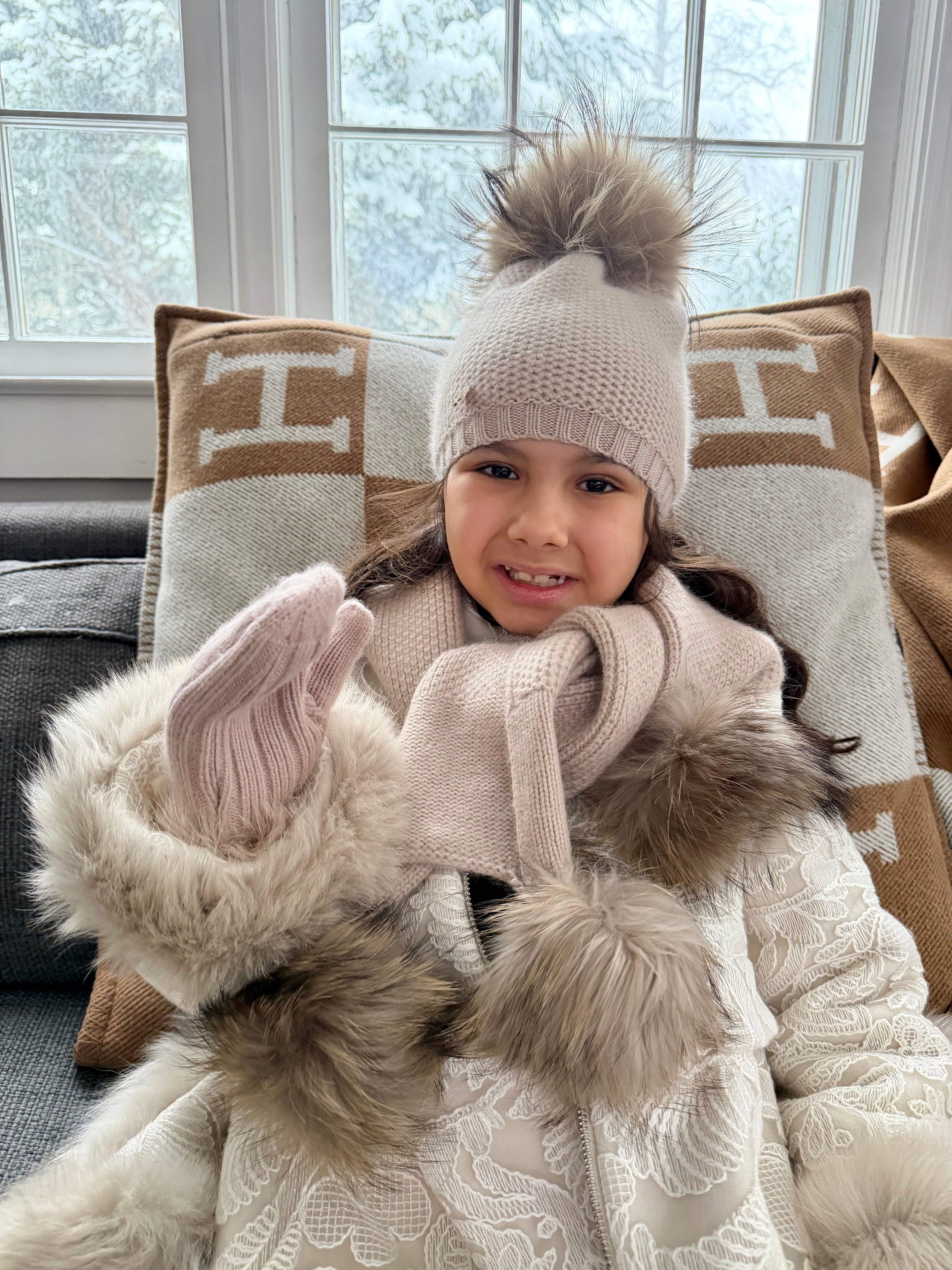 Honeycomb Beige Cashmere Fur Pom Scarf - Beige Fur Poms - Image 3