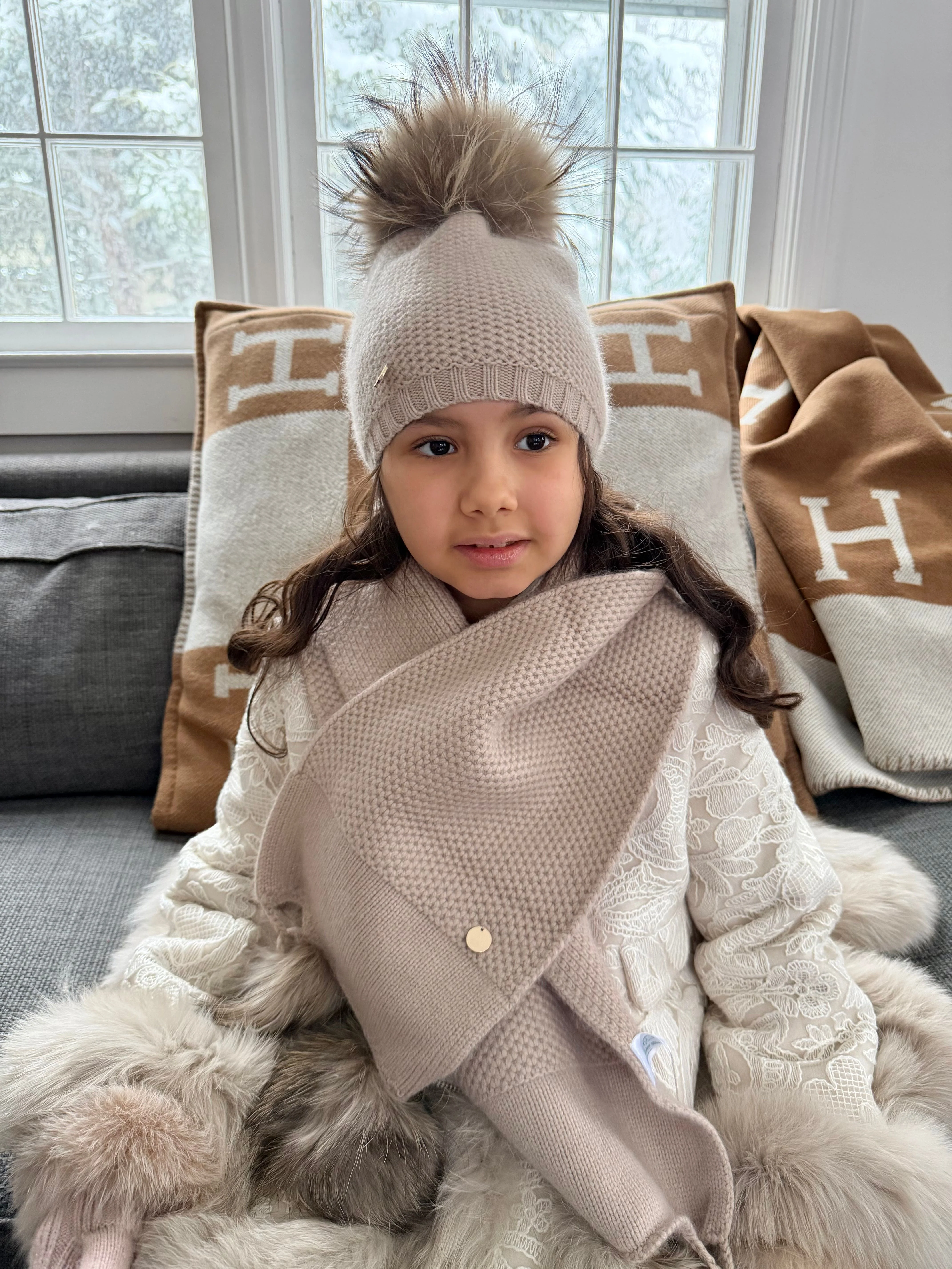 Honeycomb Beige Cashmere Beanie with Beige Pom - Image 7