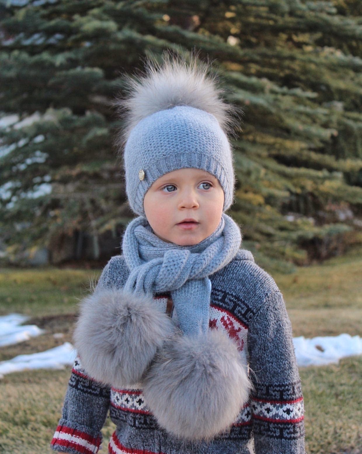 Honeycomb Grey Cashmere Beanie Hats - Grey Pom - Image 2