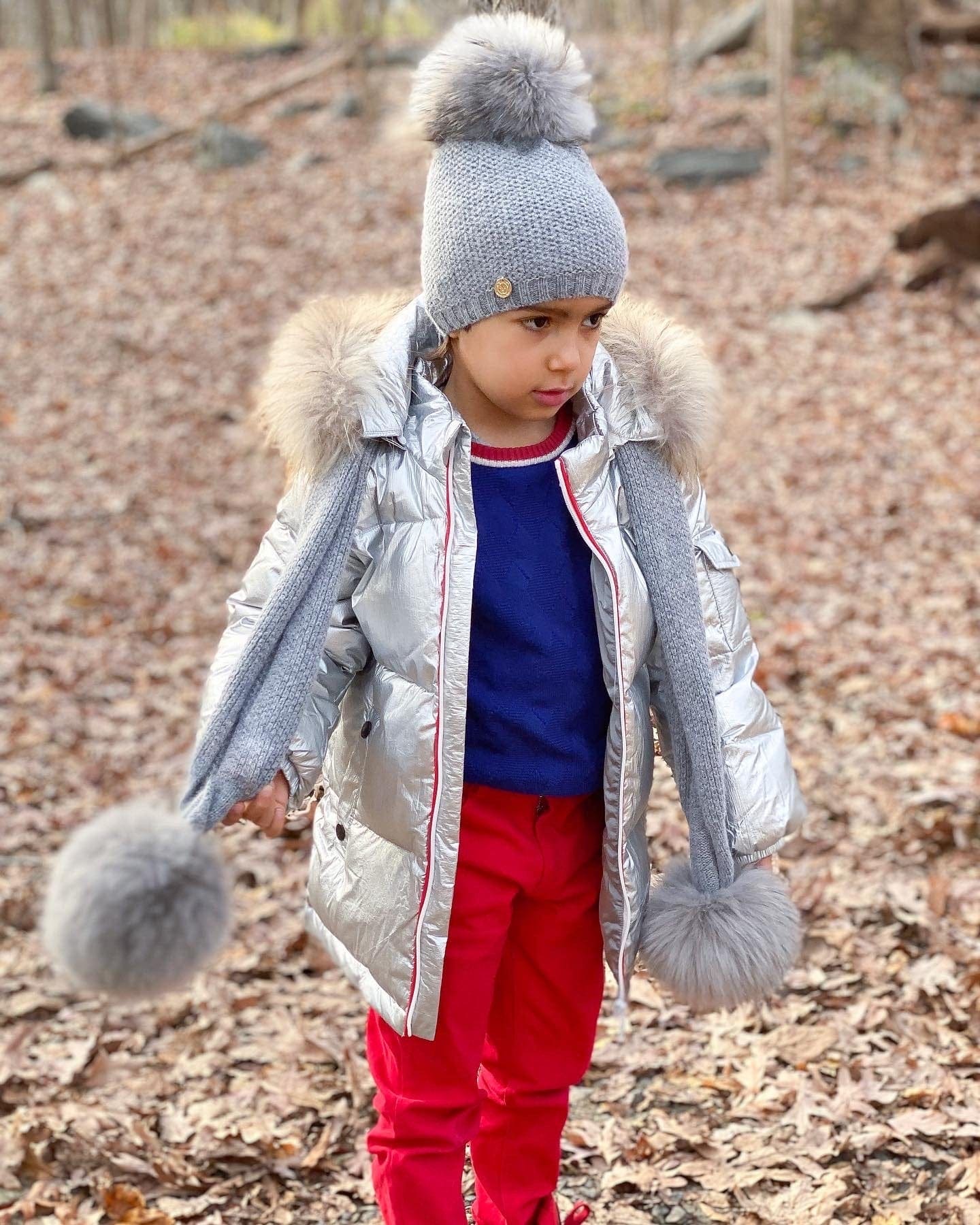 Honeycomb Grey Cashmere Beanie Hats - Grey Pom - Image 4