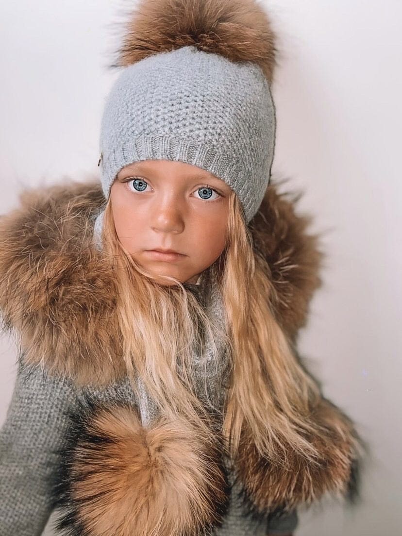 Honeycomb Grey Cashmere Beanie Hats - Natural Pom - Image 5