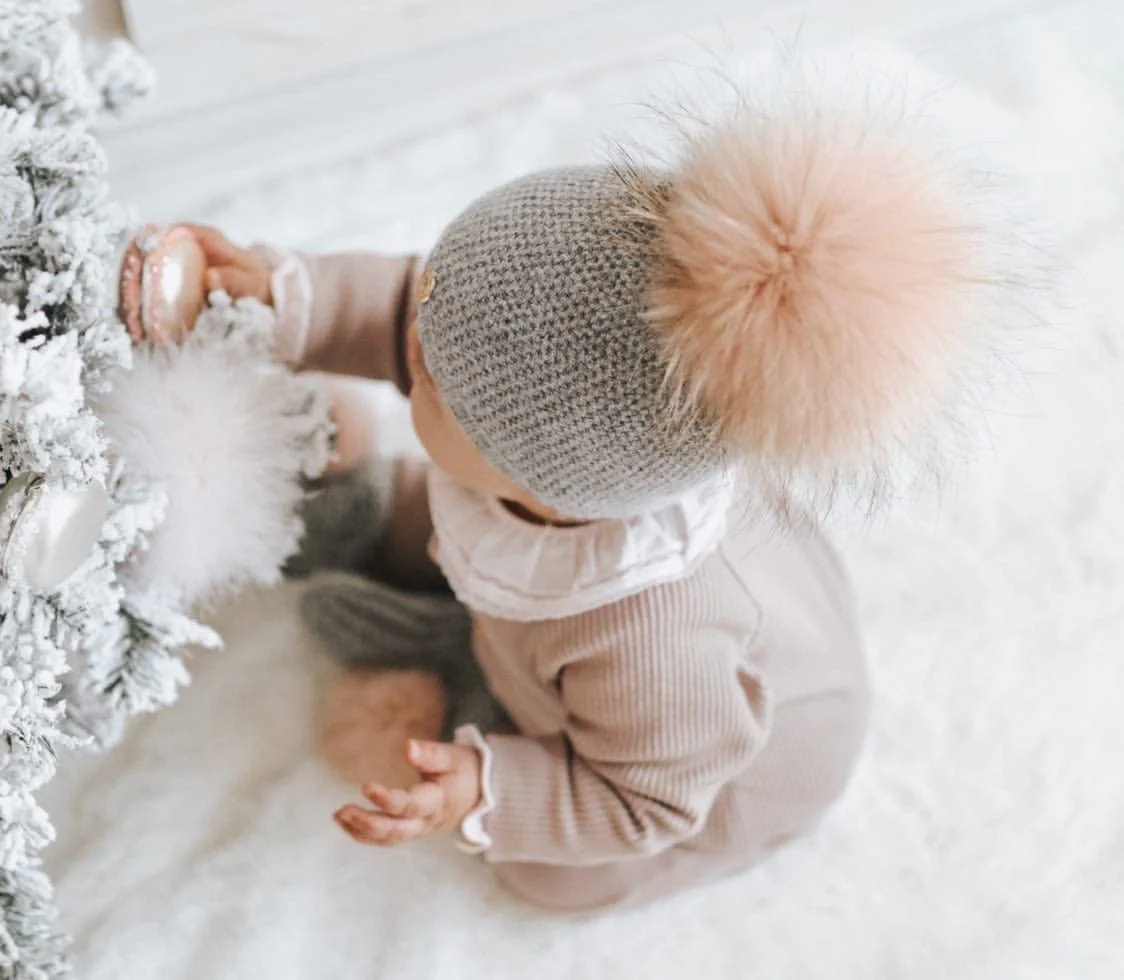 Honeycomb Grey Cashmere Beanie Hats - Pink Pom - Image 3