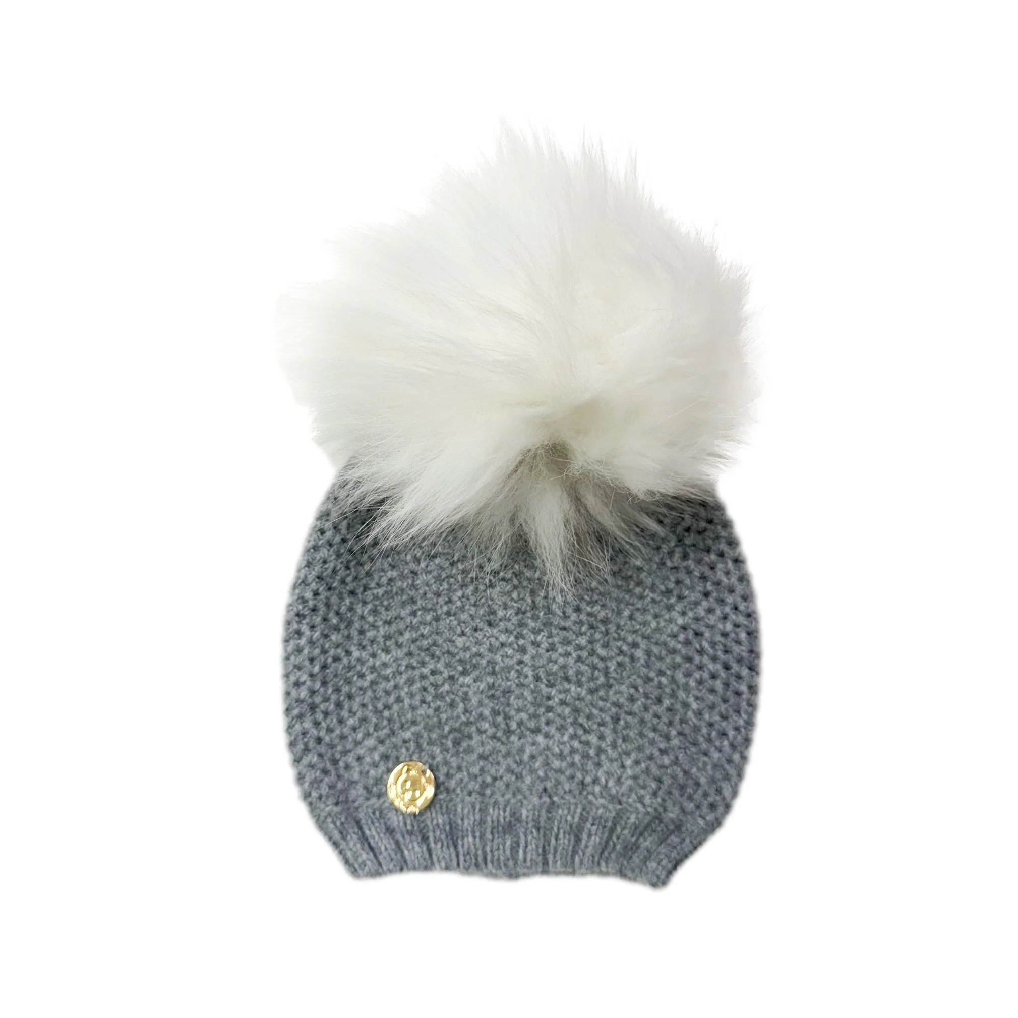 Honeycomb Grey Cashmere Beanie Hats - White Print Pom
