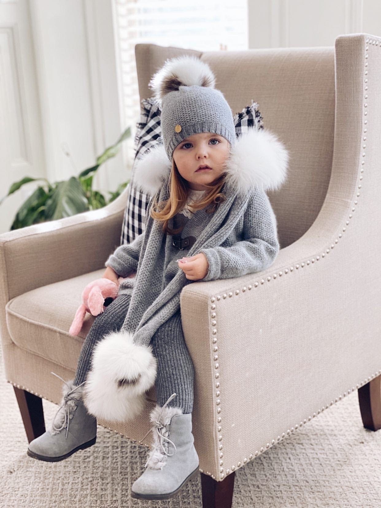 Honeycomb Grey Cashmere Beanie Hats - White Print Pom - Image 2