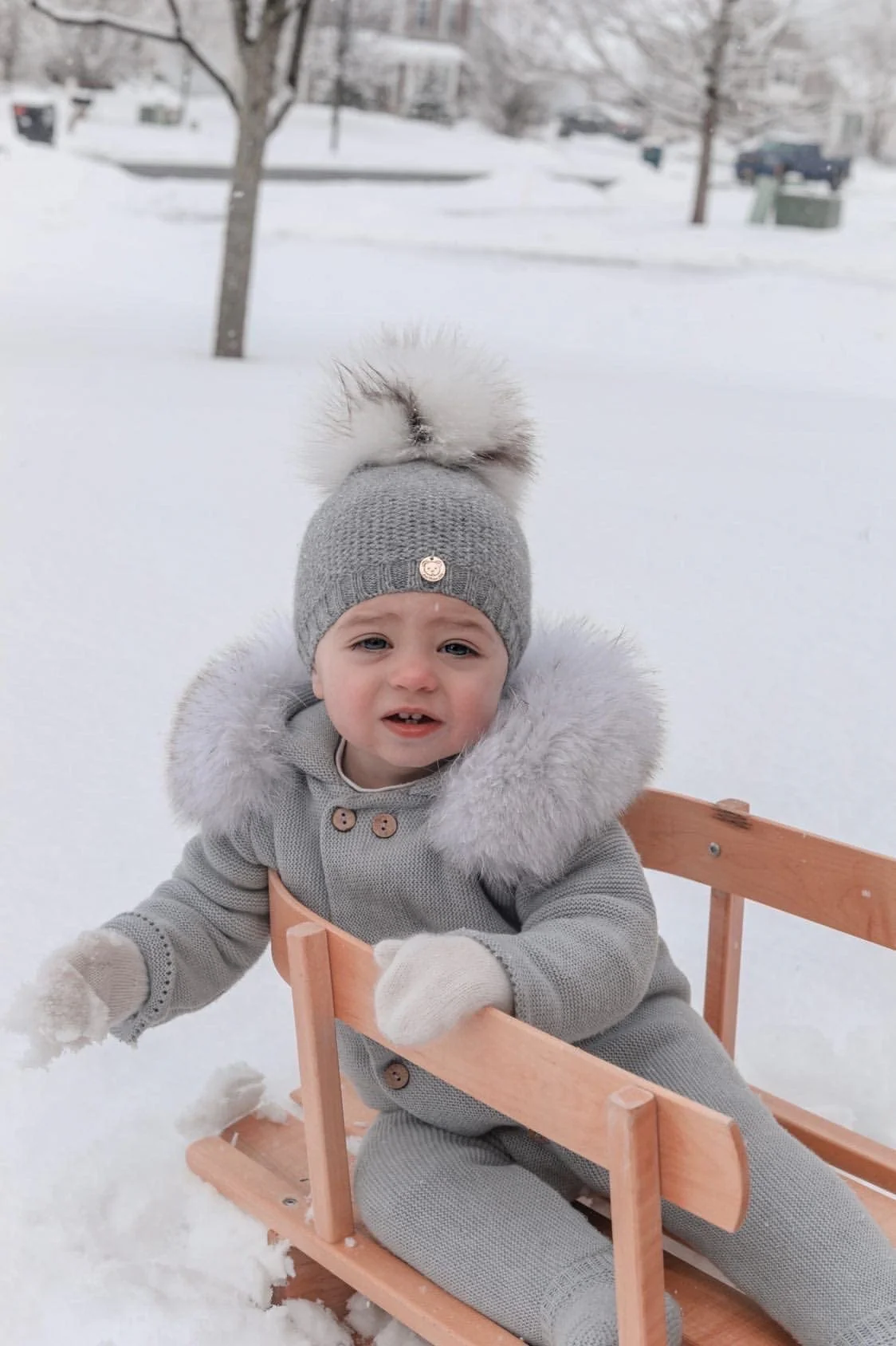 Honeycomb Grey Cashmere Beanie Hats - White Print Pom - Image 3