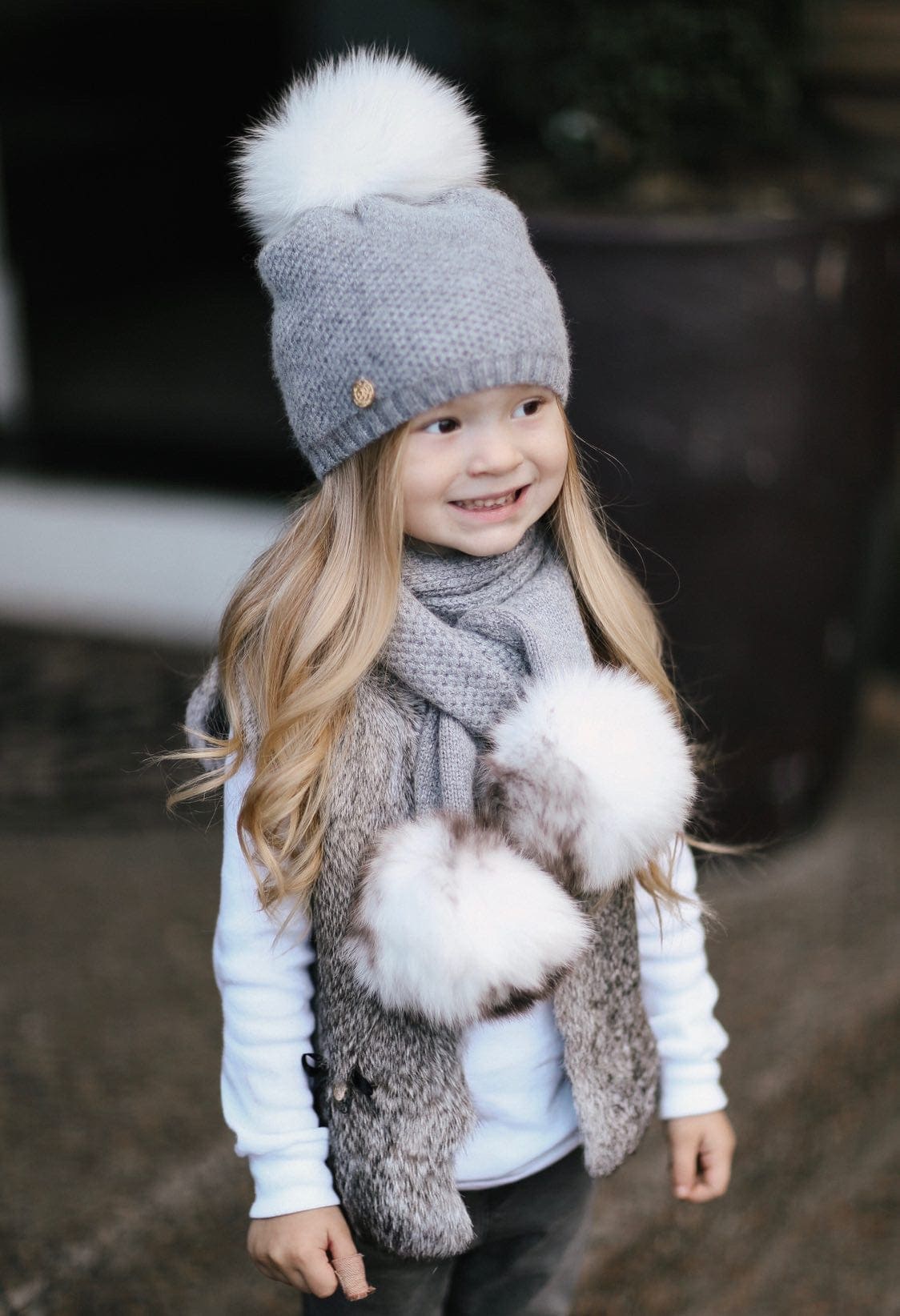 Honeycomb Grey Cashmere Beanie Hats - White Print Pom - Image 4